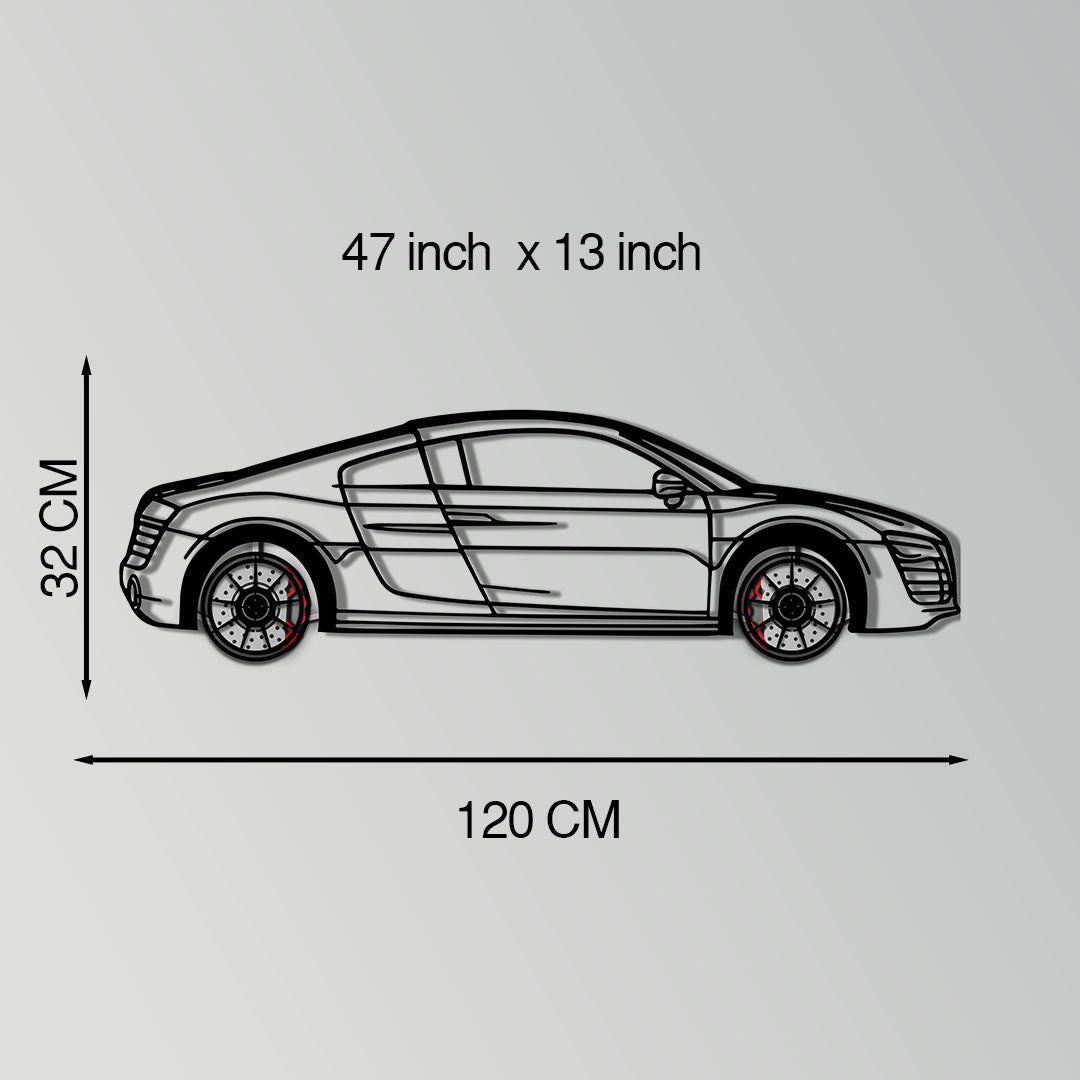 Audi R8 Metal Car Wall Art with Rotating Wheels - Exotic Supercar Silhouette Decor - Interactive Automotive Wall Art KAFMEKA096
