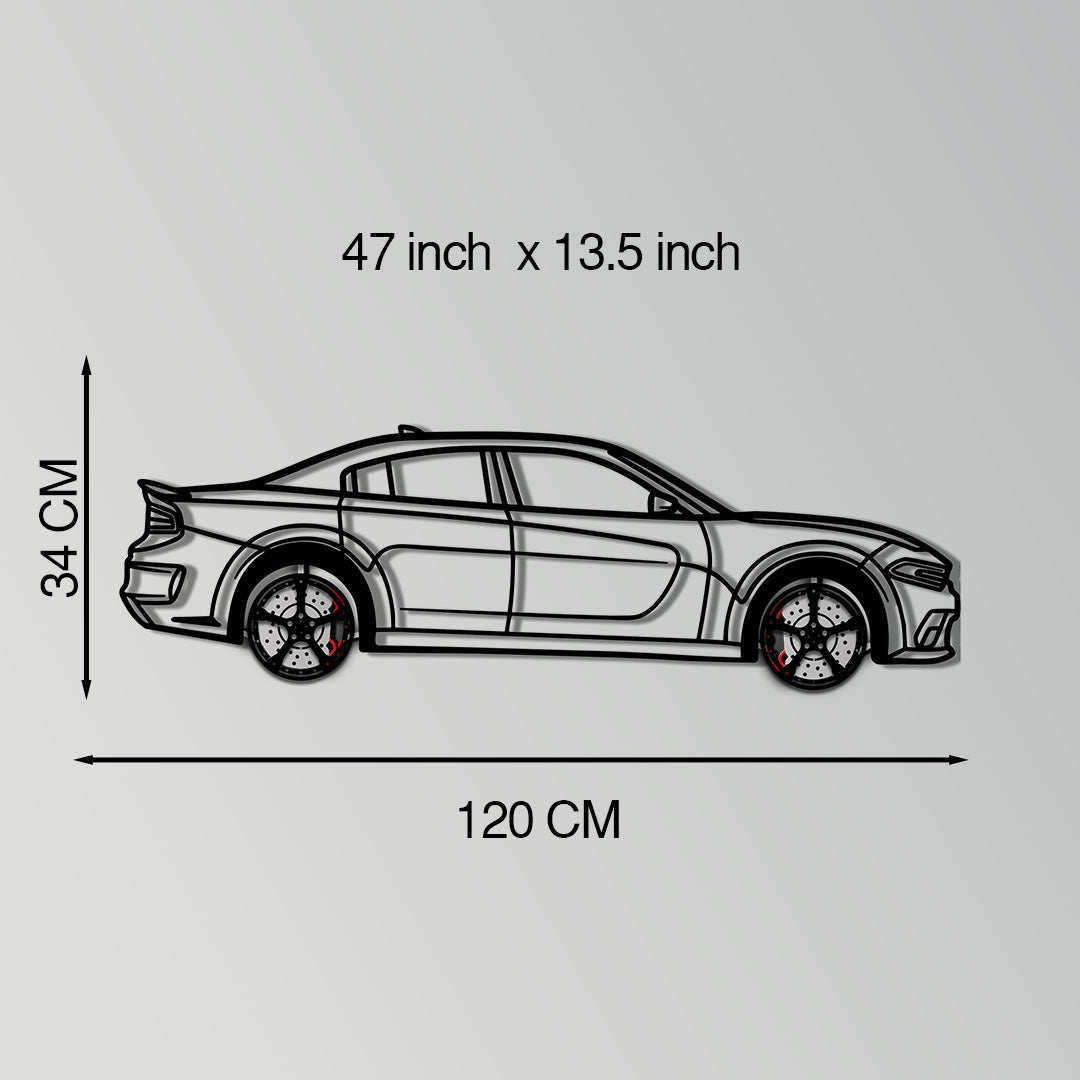 Dodge Charger SRT Metal Car Wall Art with Rotating Wheels - Modern American Muscle Silhouette - Interactive Automotive Wall Decor - KAFMEKA121