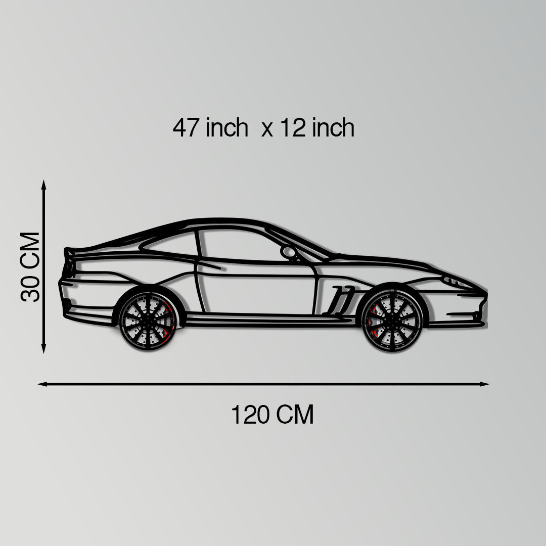 Ferrari 550 Maranello Metal Car Wall Art with Rotating Wheels - V12 Grand Tourer Silhouette - Interactive Automotive Wall Decor - KAFMEKA129
