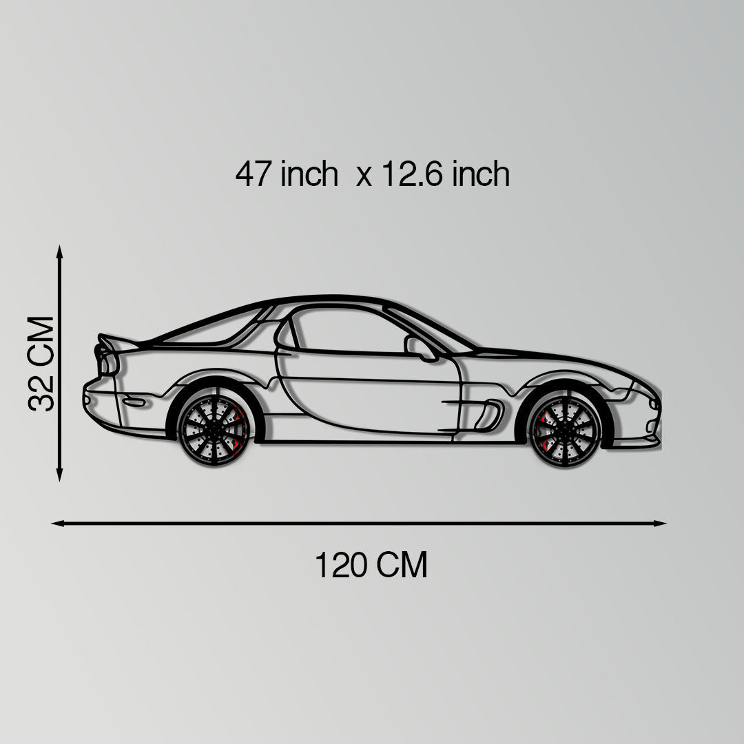 Mazda RX-7 Metal Car Wall Art with Rotating Wheels - FD3S Rotary Legend Silhouette - Interactive Automotive Wall Decor - KAFMEKA147
