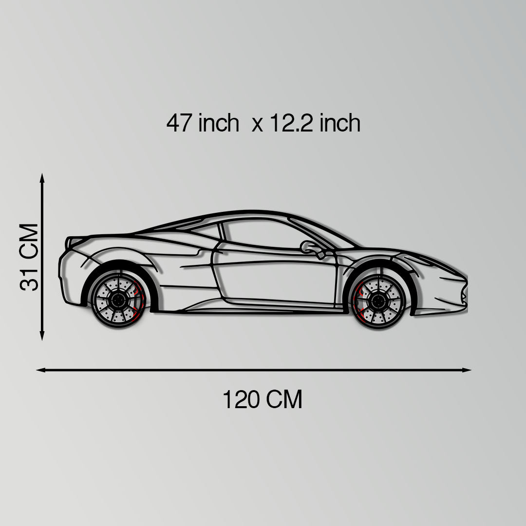 Ferrari 458 Italia Metal Car Wall Art with Rotating Wheels - V8 Supercar Silhouette Decor - Interactive Automotive Wall Art - KAFMEKA124