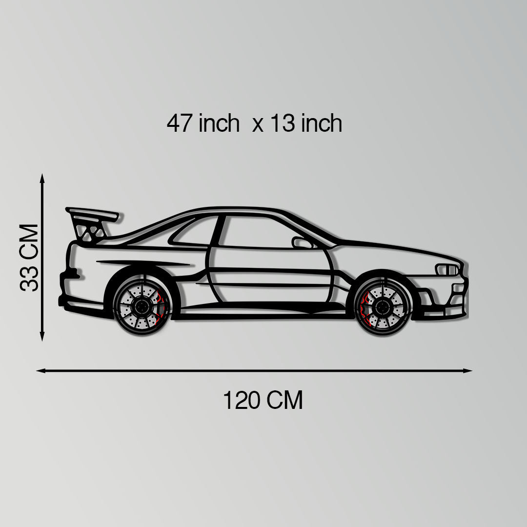 Nissan Skyline GT-R R34 Metal Car Wall Art with Rotating Wheels - "Godzilla" JDM Legend Silhouette - Interactive Automotive Wall Decor - KAFMEKA152