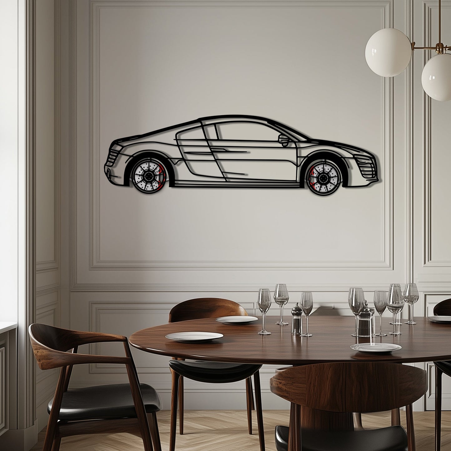 Audi R8 Metal Car Wall Art with Rotating Wheels - Exotic Supercar Silhouette Decor - Interactive Automotive Wall Art KAFMEKA096