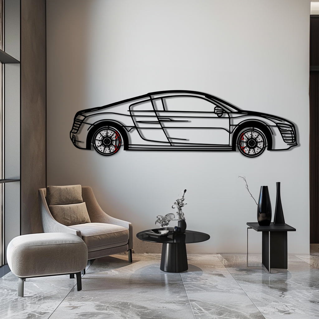Audi R8 Metal Car Wall Art with Rotating Wheels - Exotic Supercar Silhouette Decor - Interactive Automotive Wall Art KAFMEKA096