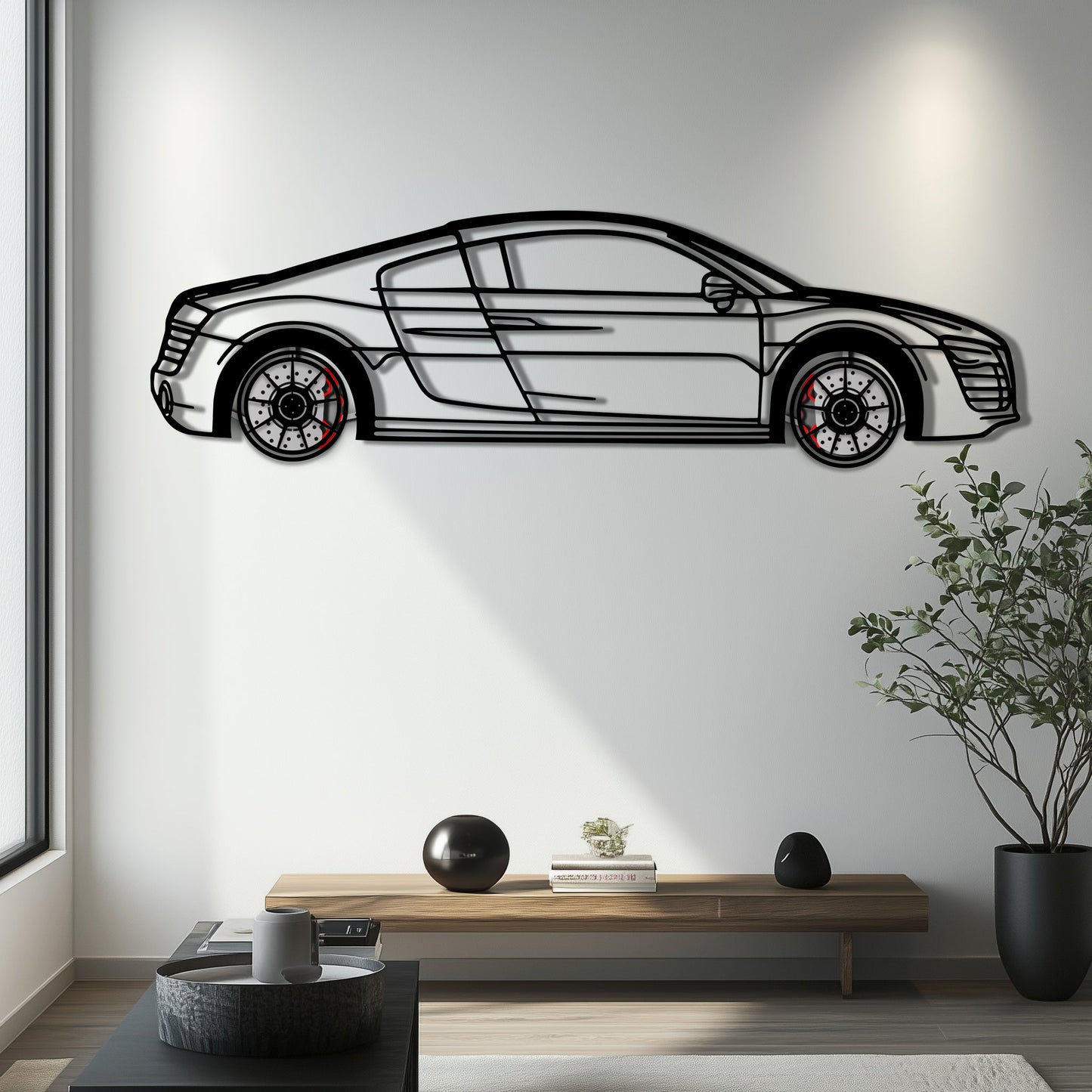 Audi R8 Metal Car Wall Art with Rotating Wheels - Exotic Supercar Silhouette Decor - Interactive Automotive Wall Art KAFMEKA096