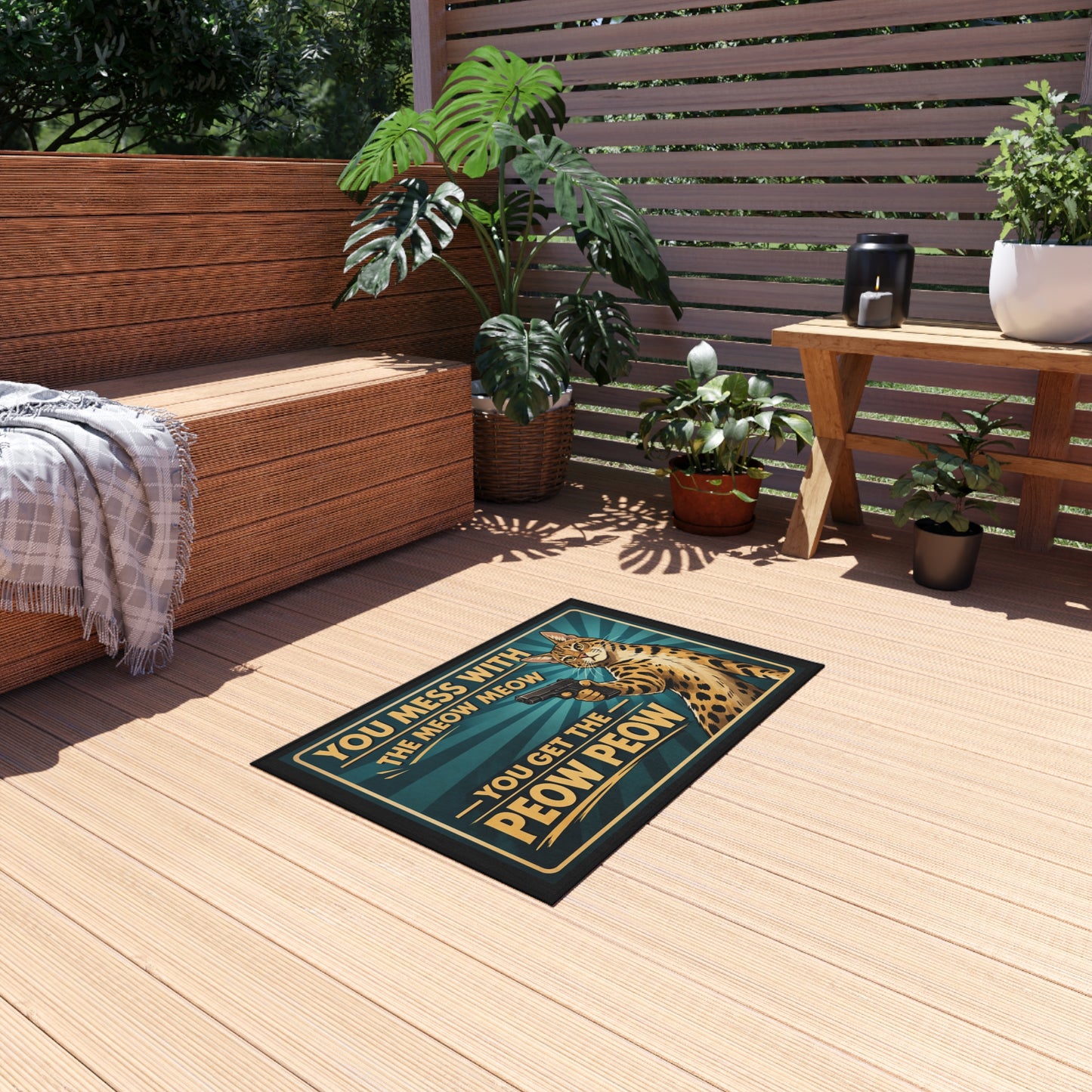 Outdoor Rug — “You Mess With The Meow Meow You Get The Peow Peow” Cat Doormat