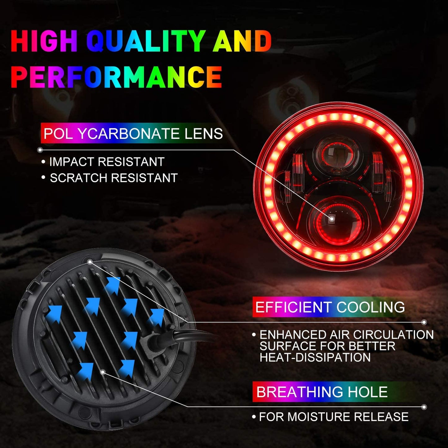 RGB Halo LED Headlights & Fog Lights Kit for 1997-2018 Jeep Wrangler TJ JK JKU – 7" Bluetooth App Color Control DRL Hi/Lo Beam