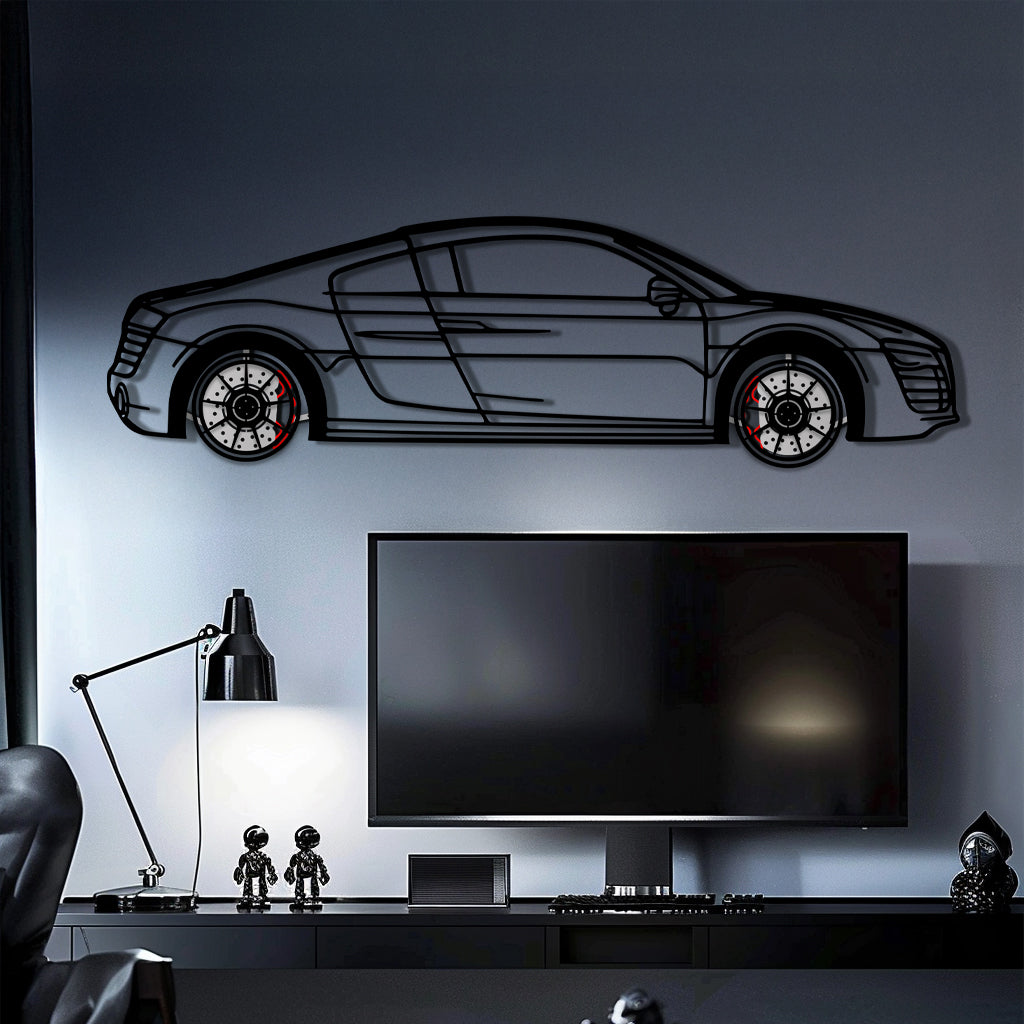 Audi R8 Metal Car Wall Art with Rotating Wheels - Exotic Supercar Silhouette Decor - Interactive Automotive Wall Art KAFMEKA096