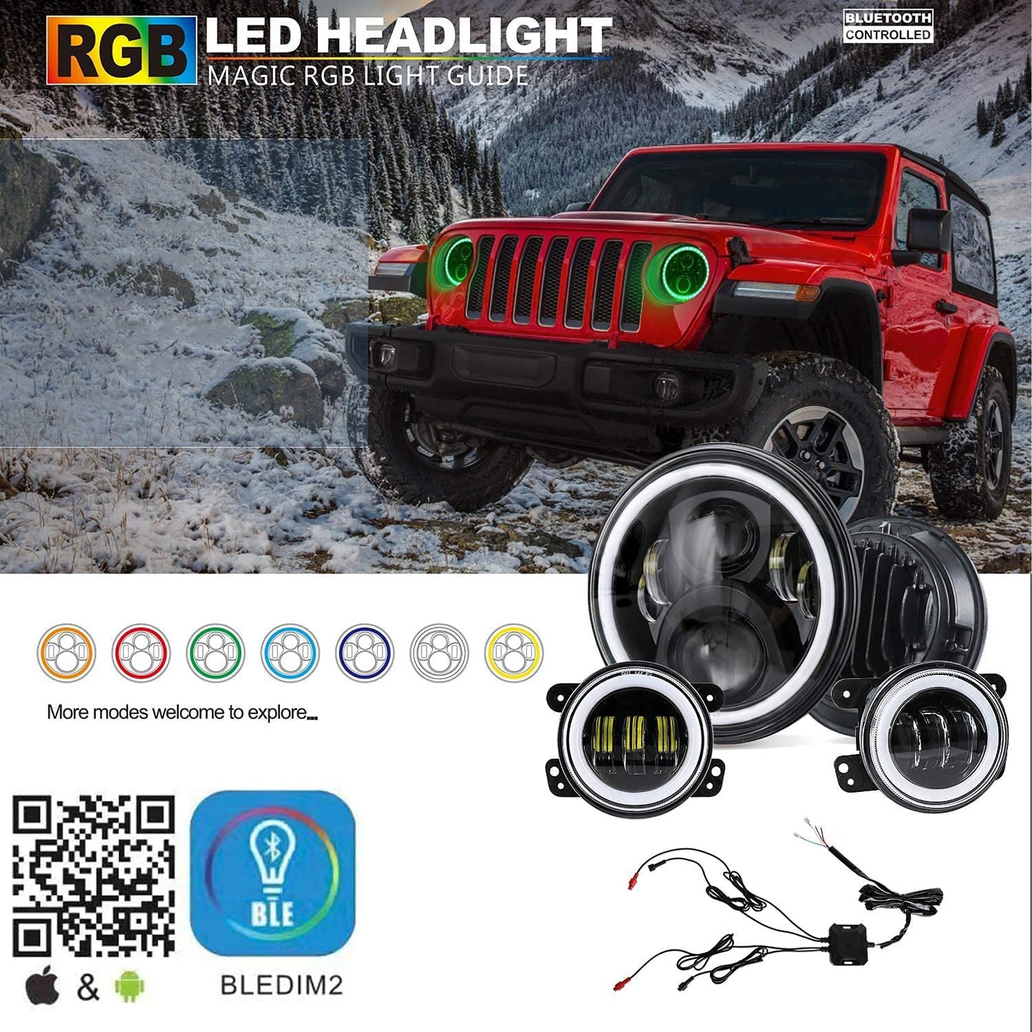 RGB Halo LED Headlights & Fog Lights Kit for 1997-2018 Jeep Wrangler TJ JK JKU – 7" Bluetooth App Color Control DRL Hi/Lo Beam