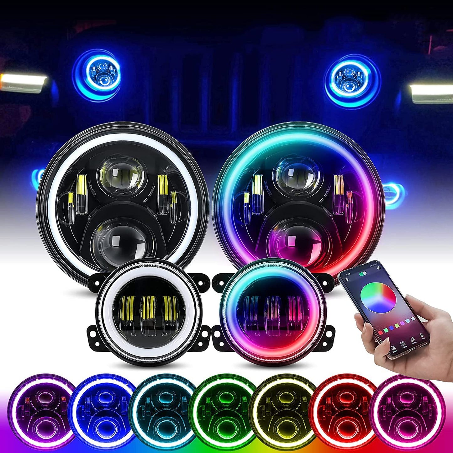 RGB Halo LED Headlights & Fog Lights Kit for 1997-2018 Jeep Wrangler TJ JK JKU – 7" Bluetooth App Color Control DRL Hi/Lo Beam