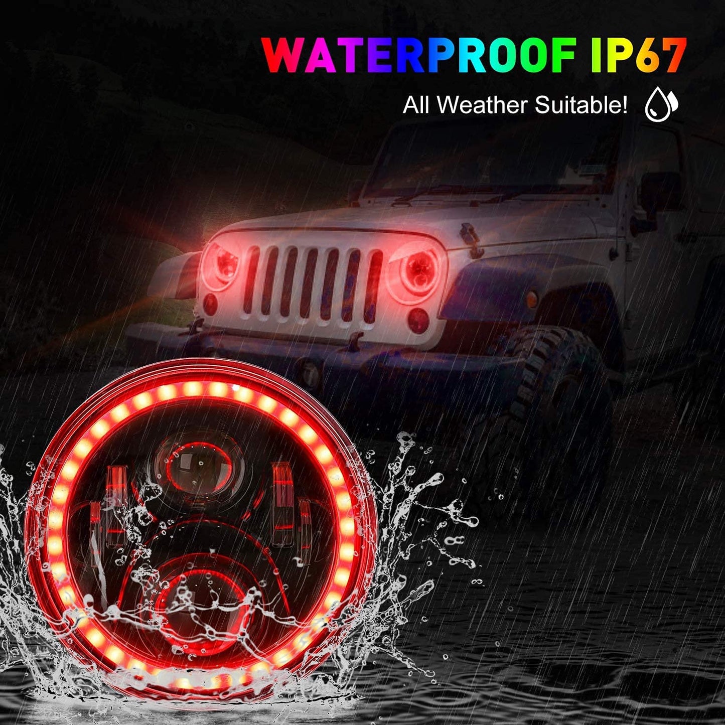 RGB Halo LED Headlights & Fog Lights Kit for 1997-2018 Jeep Wrangler TJ JK JKU – 7" Bluetooth App Color Control DRL Hi/Lo Beam