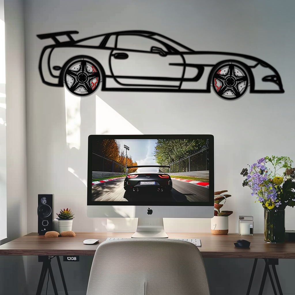 Chevrolet Corvette C5 Metal Wall Art – Rotating Wheels Sports Car Silhouette Wall Decor Gift-KAFMEKA092