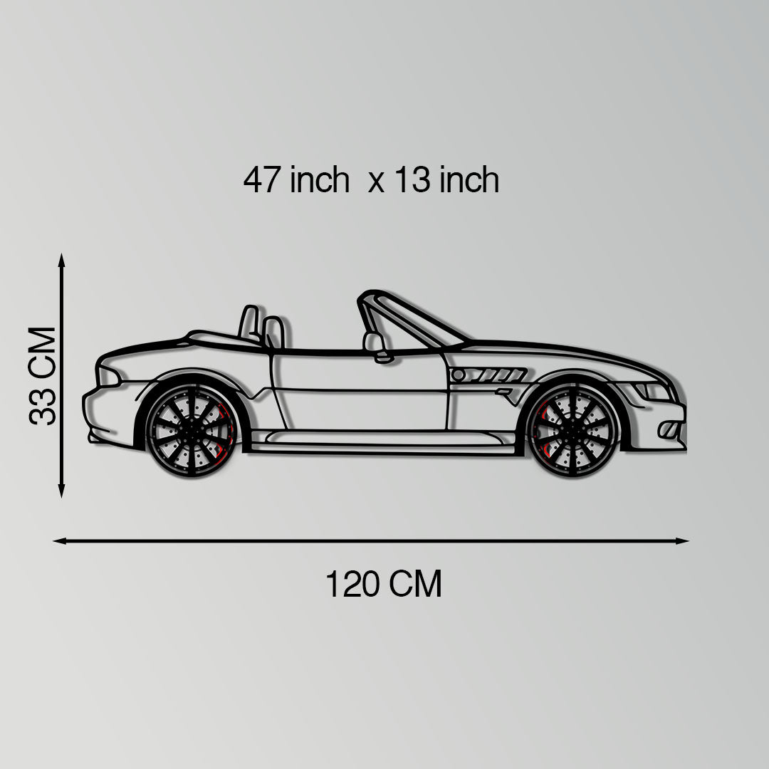 BMW Z3 Metal Car Wall Art with Rotating Wheels - Classic Roadster Silhouette Decor - Interactive Automotive Wall Art - KAFMEKA112