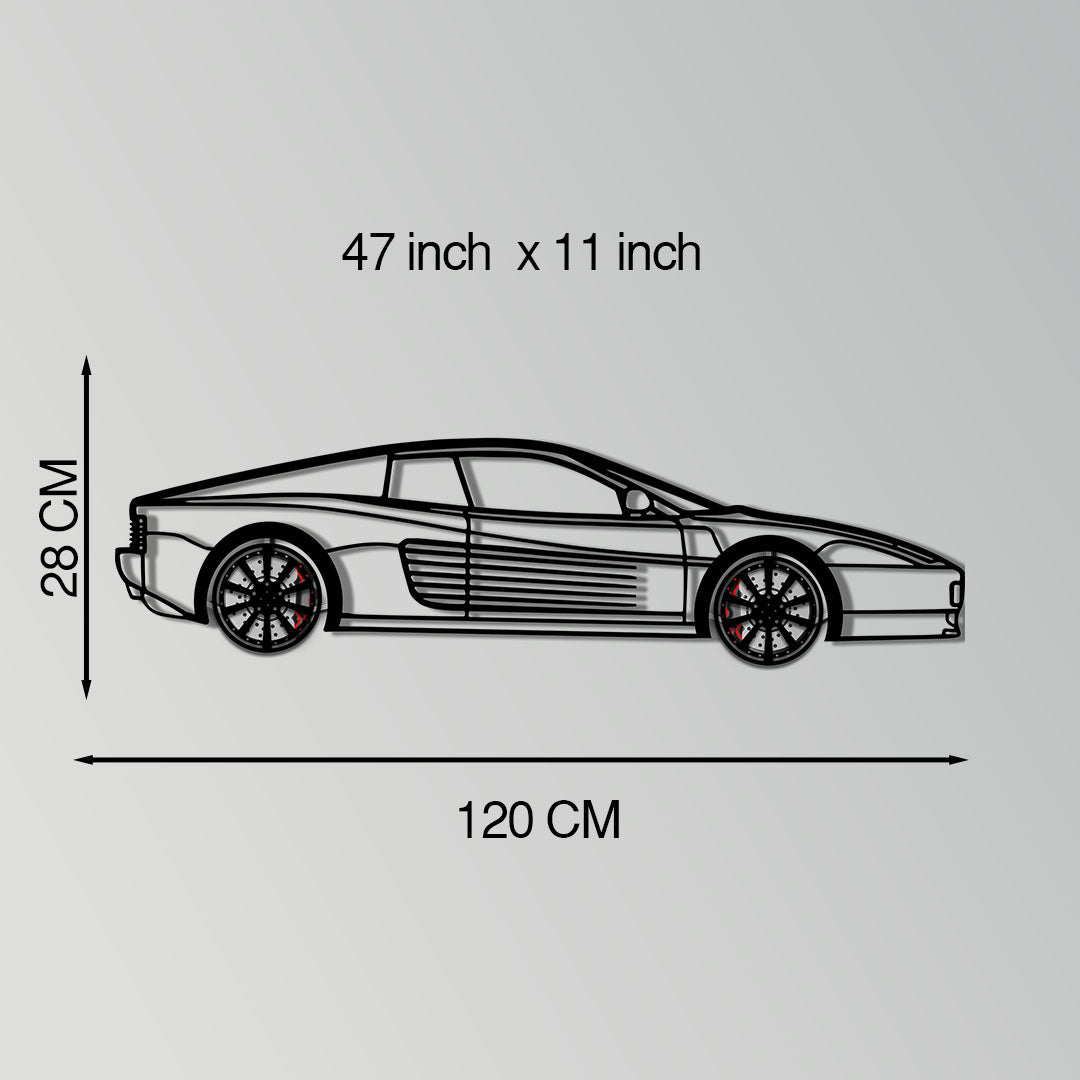 Ferrari Testarossa Metal Car Wall Art with Rotating Wheels - Iconic 80s Supercar Silhouette - Interactive Retro Automotive Decor - KAFMEKA136
