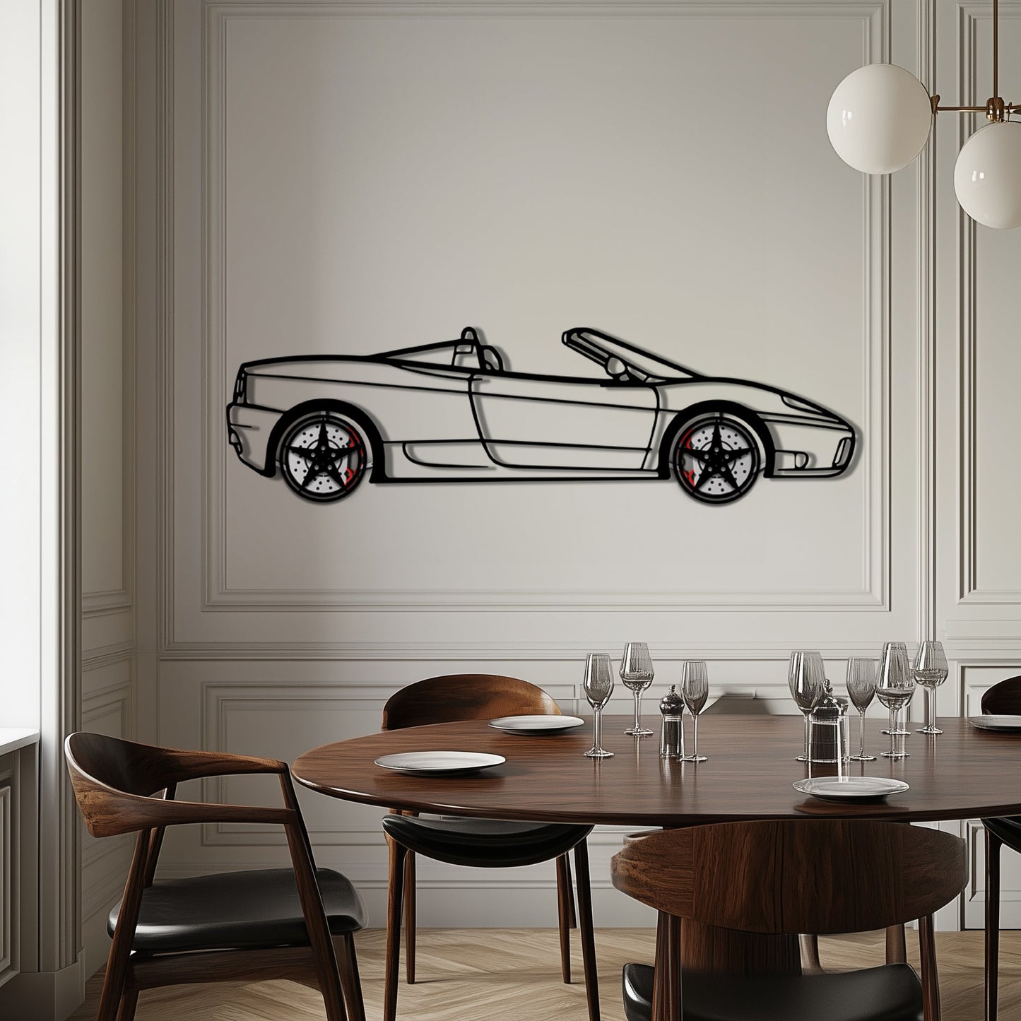 Ferrari 360 Spider Metal Car Wall Art with Rotating Wheels - Italian Convertible Supercar Silhouette - Interactive Automotive Wall Decor - KAFMEKA123
