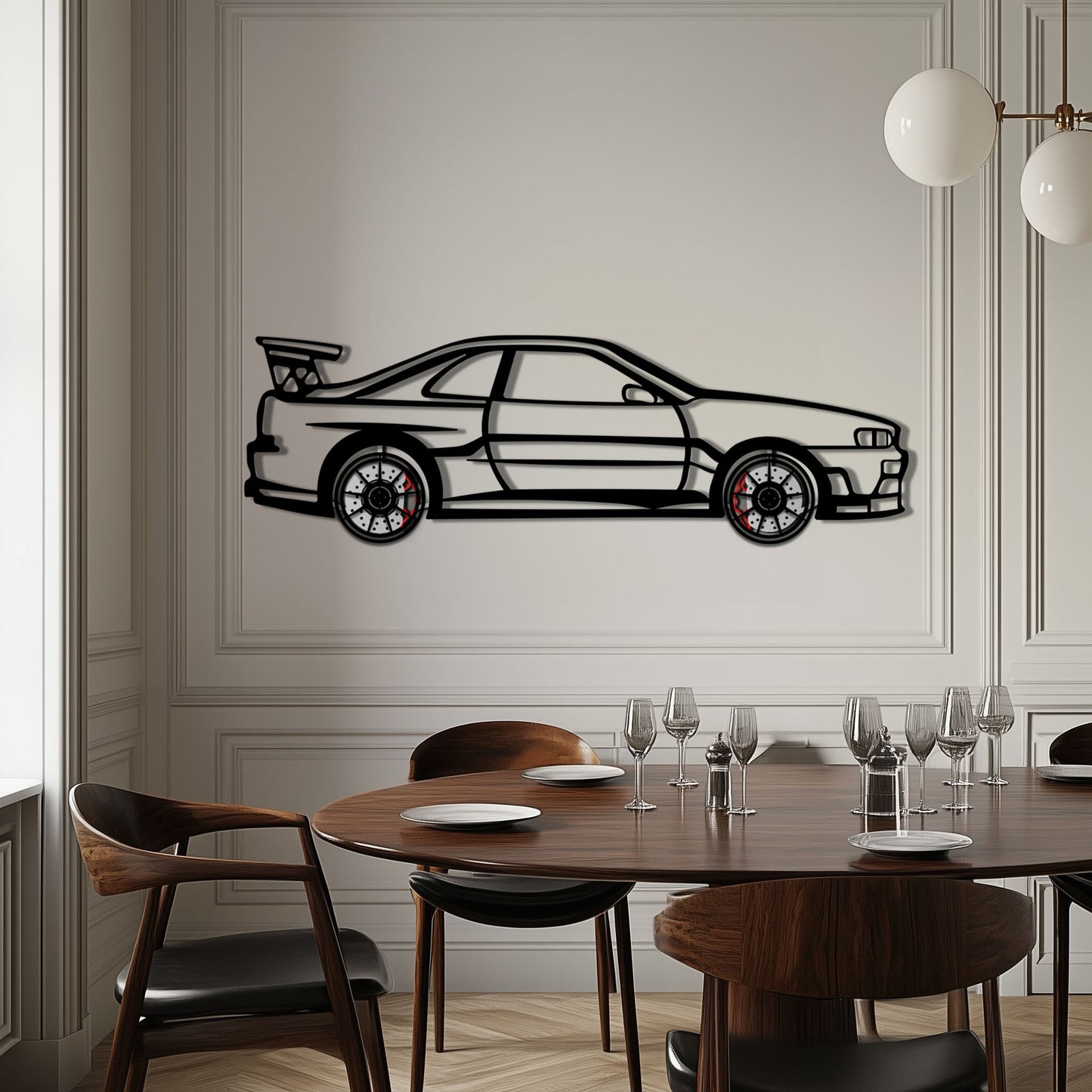 Nissan Skyline GT-R R34 Metal Car Wall Art with Rotating Wheels - "Godzilla" JDM Legend Silhouette - Interactive Automotive Wall Decor - KAFMEKA152