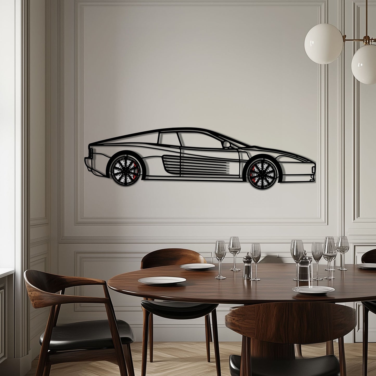 Ferrari Testarossa Metal Car Wall Art with Rotating Wheels - Iconic 80s Supercar Silhouette - Interactive Retro Automotive Decor - KAFMEKA136