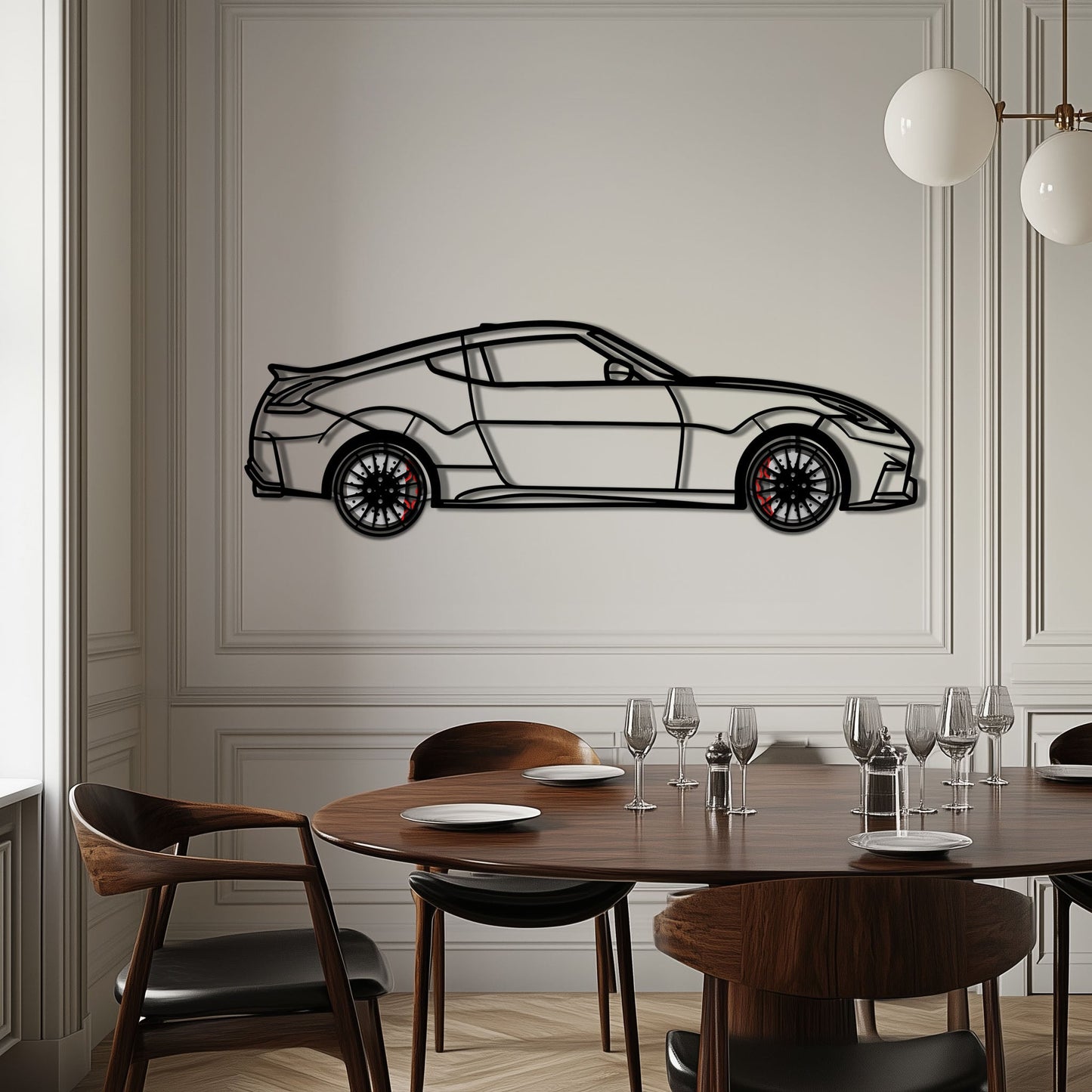 Nissan 350Z Metal Car Wall Art with Rotating Wheels - JDM Fairlady Z33 Silhouette - Interactive Automotive Wall Decor - KAFMEKA153