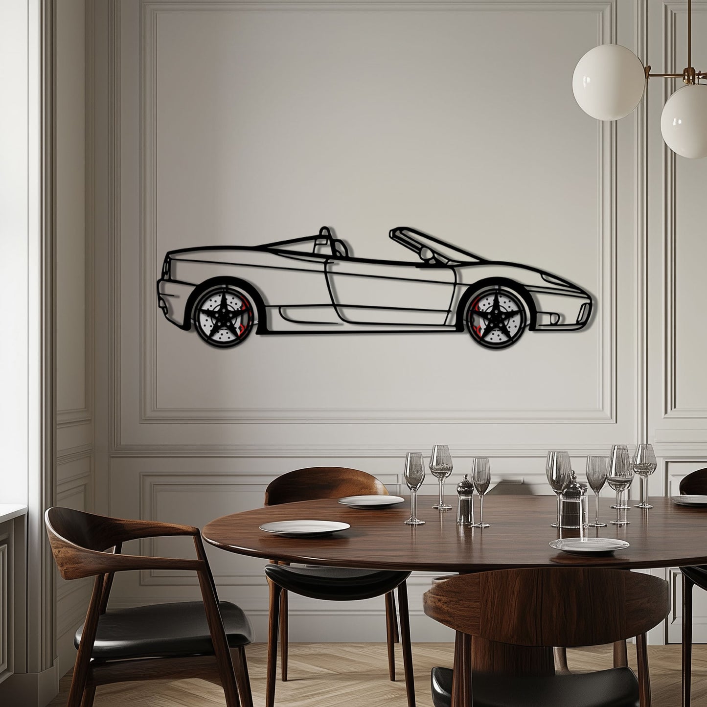 Ferrari 360 Spider Metal Car Wall Art with Rotating Wheels - Italian Convertible Supercar Silhouette - Interactive Automotive Wall Decor - KAFMEKA123