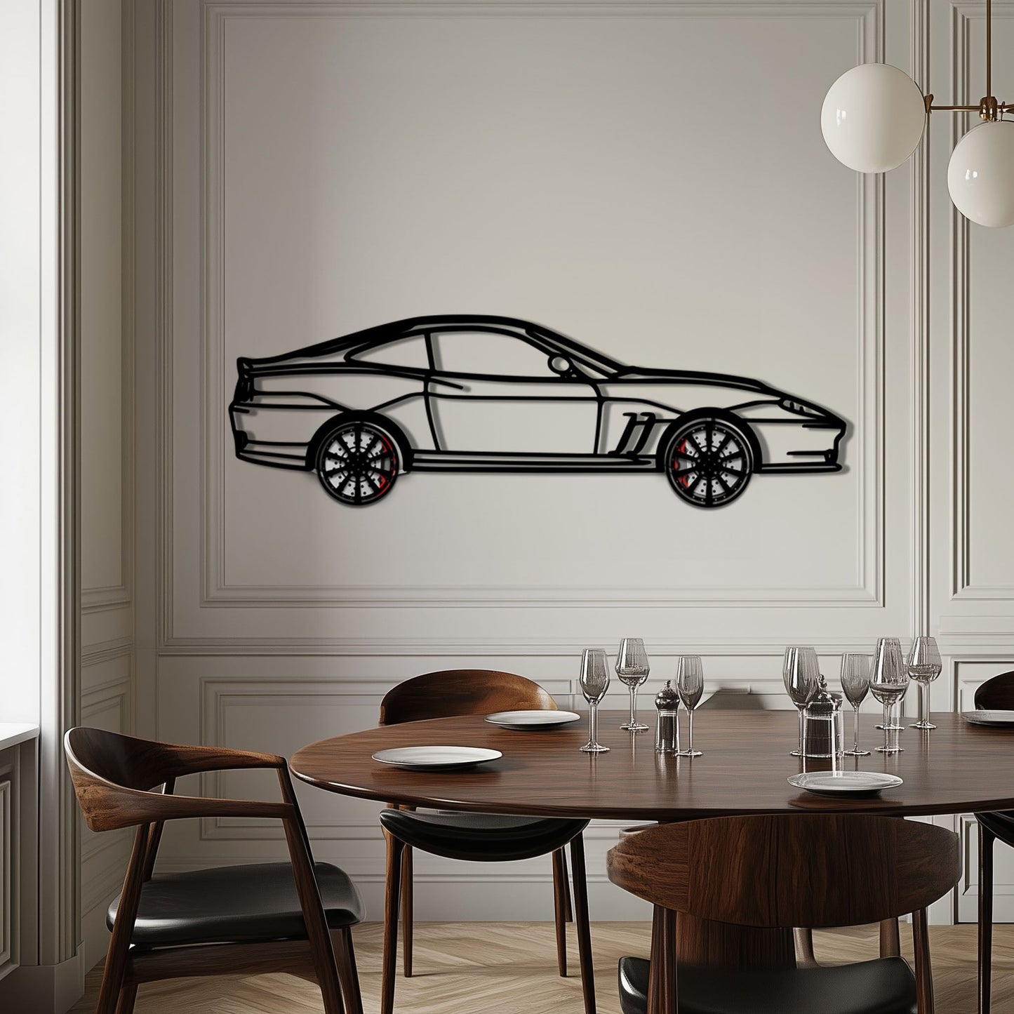 Ferrari 550 Maranello Metal Car Wall Art with Rotating Wheels - V12 Grand Tourer Silhouette - Interactive Automotive Wall Decor - KAFMEKA129
