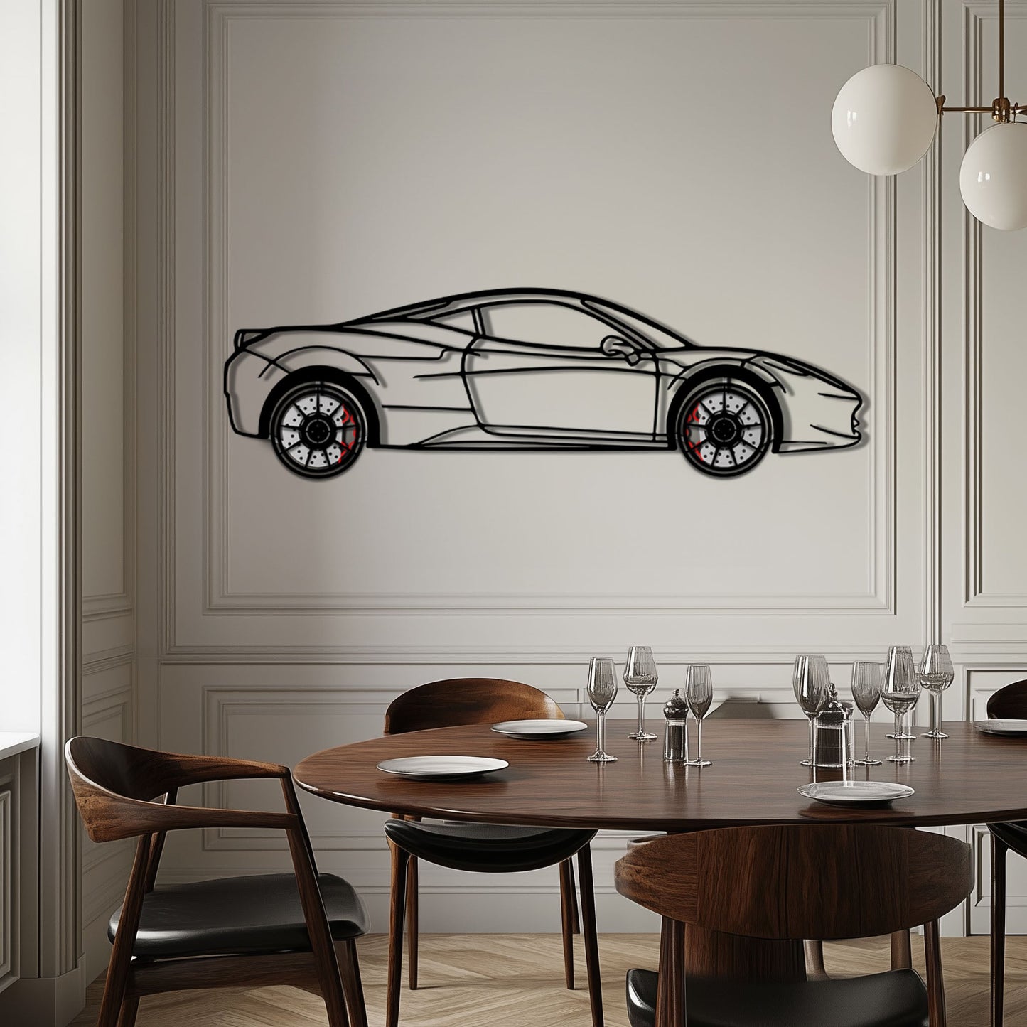 Ferrari 458 Italia Metal Car Wall Art with Rotating Wheels - V8 Supercar Silhouette Decor - Interactive Automotive Wall Art - KAFMEKA124