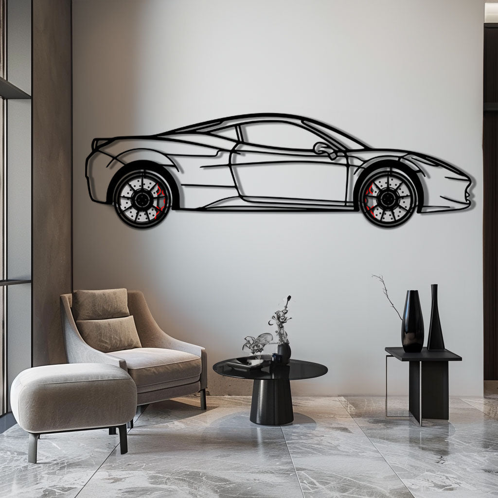 Ferrari 458 Italia Metal Car Wall Art with Rotating Wheels - V8 Supercar Silhouette Decor - Interactive Automotive Wall Art - KAFMEKA124