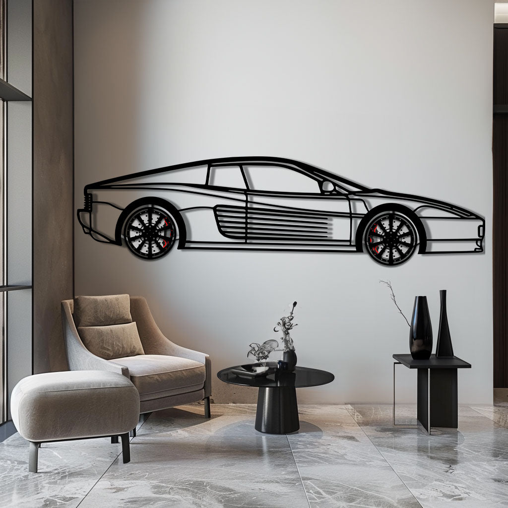 Ferrari Testarossa Metal Car Wall Art with Rotating Wheels - Iconic 80s Supercar Silhouette - Interactive Retro Automotive Decor - KAFMEKA136