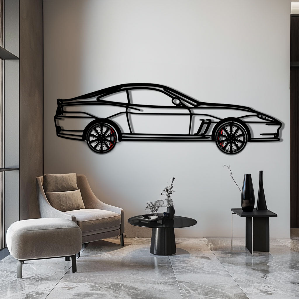 Ferrari 550 Maranello Metal Car Wall Art with Rotating Wheels - V12 Grand Tourer Silhouette - Interactive Automotive Wall Decor - KAFMEKA129