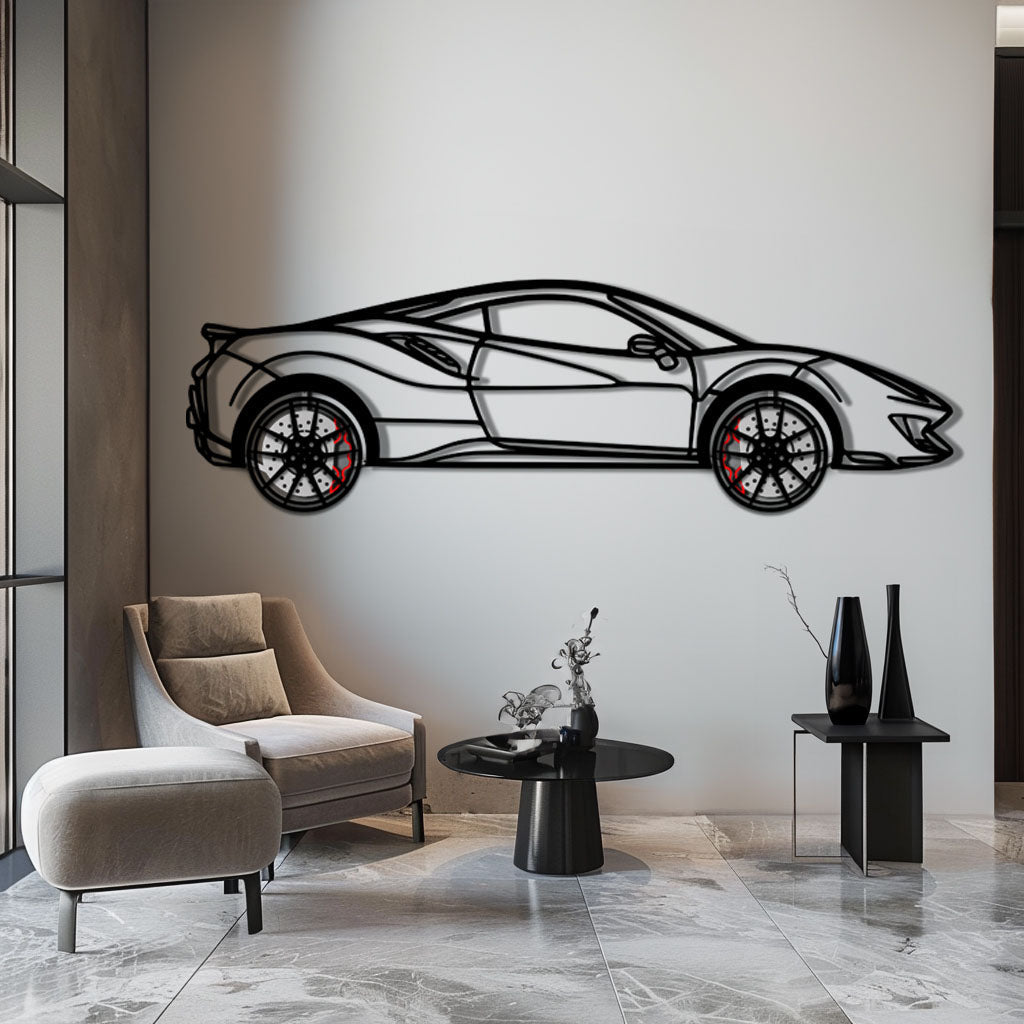 Ferrari 488 Pista Metal Car Wall Art with Rotating Wheels - Track-Focused Italian V8 Silhouette - Interactive Automotive Wall Decor - KAFMEKA128
