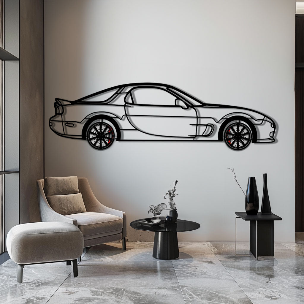Mazda RX-7 Metal Car Wall Art with Rotating Wheels - FD3S Rotary Legend Silhouette - Interactive Automotive Wall Decor - KAFMEKA147