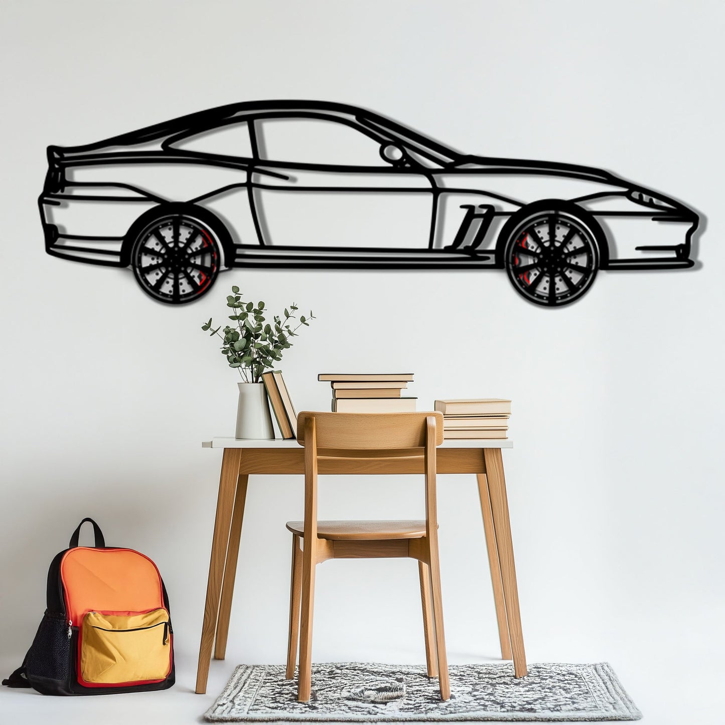 Ferrari 550 Maranello Metal Car Wall Art with Rotating Wheels - V12 Grand Tourer Silhouette - Interactive Automotive Wall Decor - KAFMEKA129