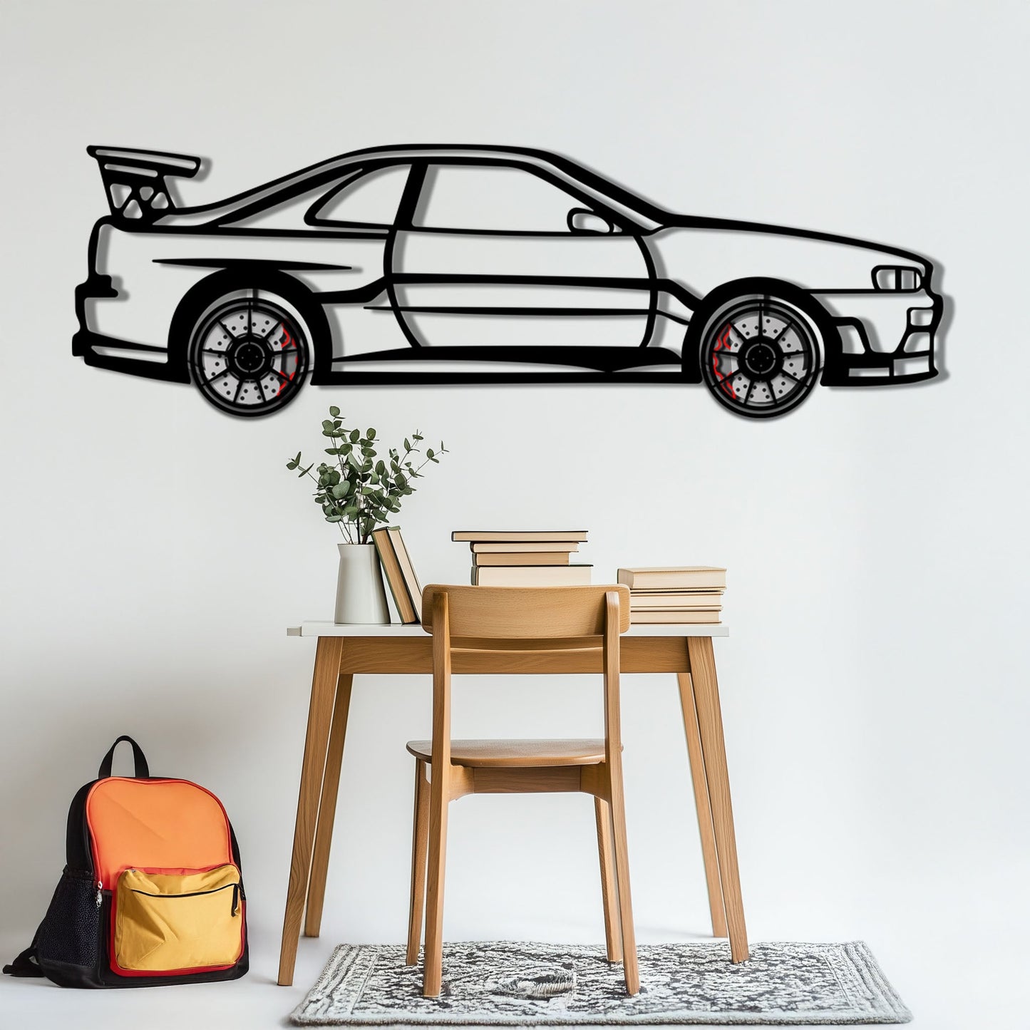 Nissan Skyline GT-R R34 Metal Car Wall Art with Rotating Wheels - "Godzilla" JDM Legend Silhouette - Interactive Automotive Wall Decor - KAFMEKA152