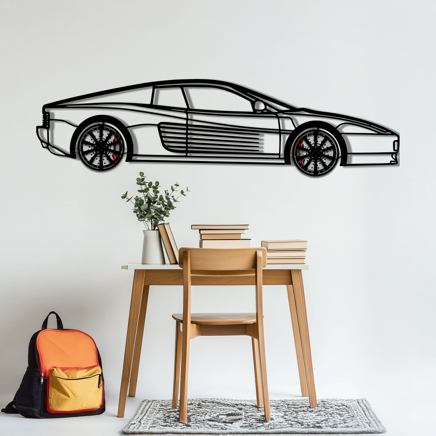 Ferrari Testarossa Metal Car Wall Art with Rotating Wheels - Iconic 80s Supercar Silhouette - Interactive Retro Automotive Decor - KAFMEKA136