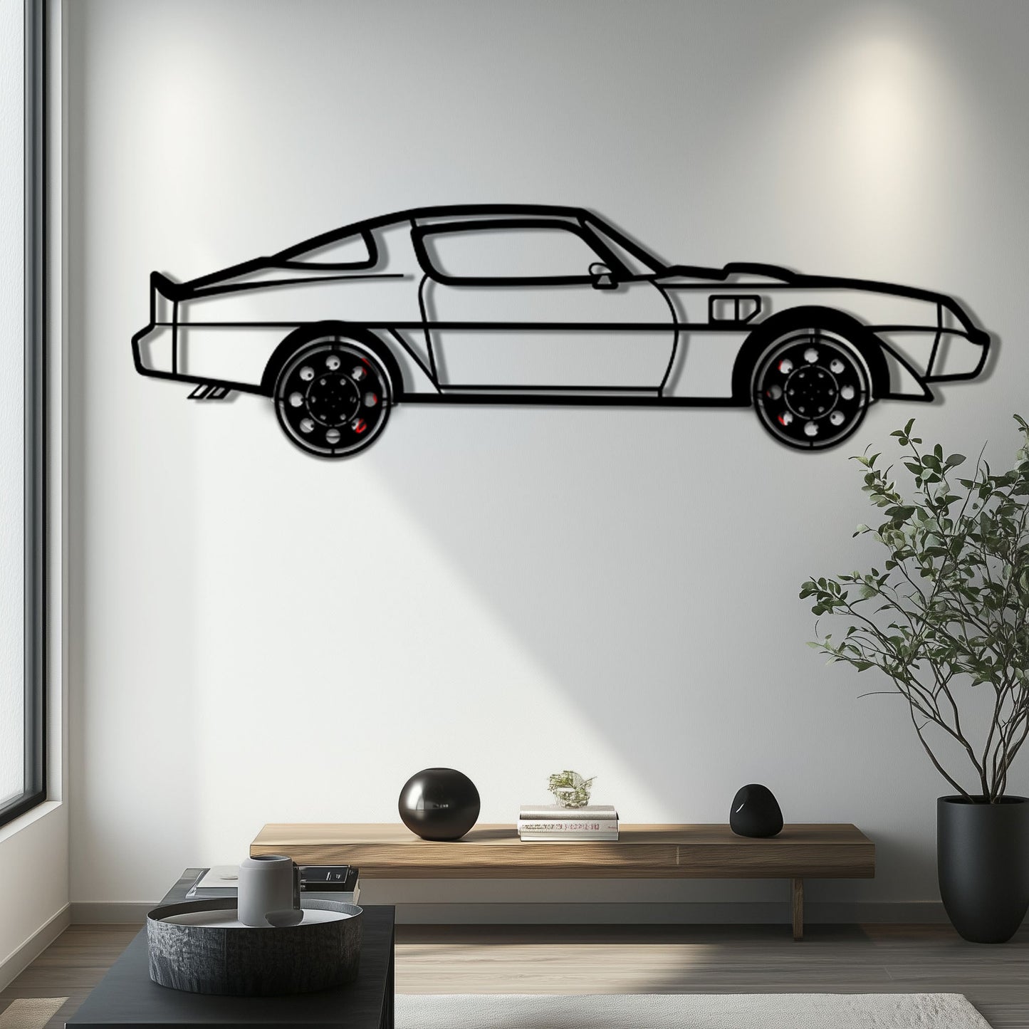 Pontiac Trans Am Metal Car Wall Art with Rotating Wheels - Classic American Muscle Silhouette - Interactive Firebird Wall Decor - KAFMEKA154