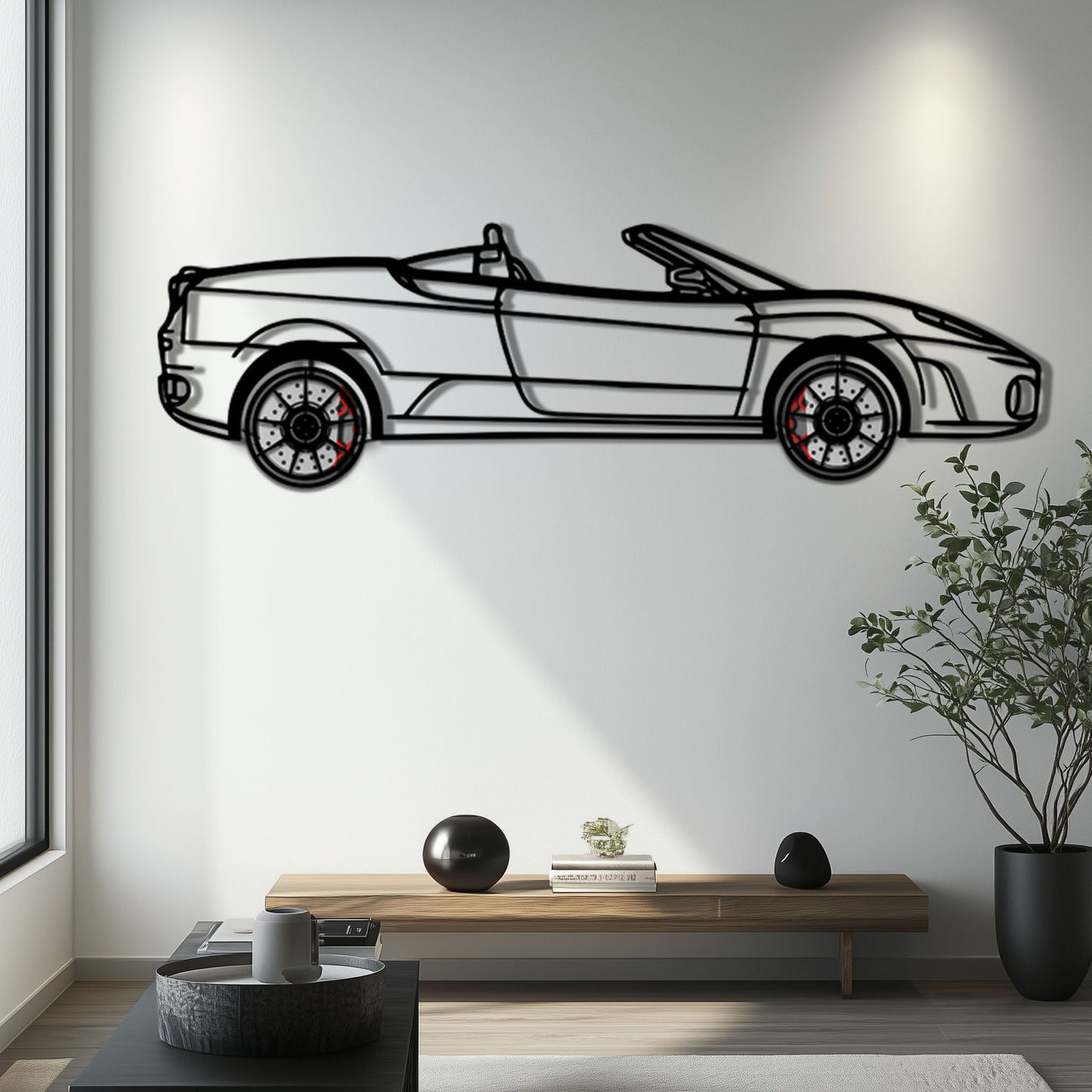 Ferrari F430 Spider Metal Car Wall Art with Rotating Wheels - Italian Convertible Supercar Silhouette - Interactive Automotive Wall Decor - KAFMEKA134