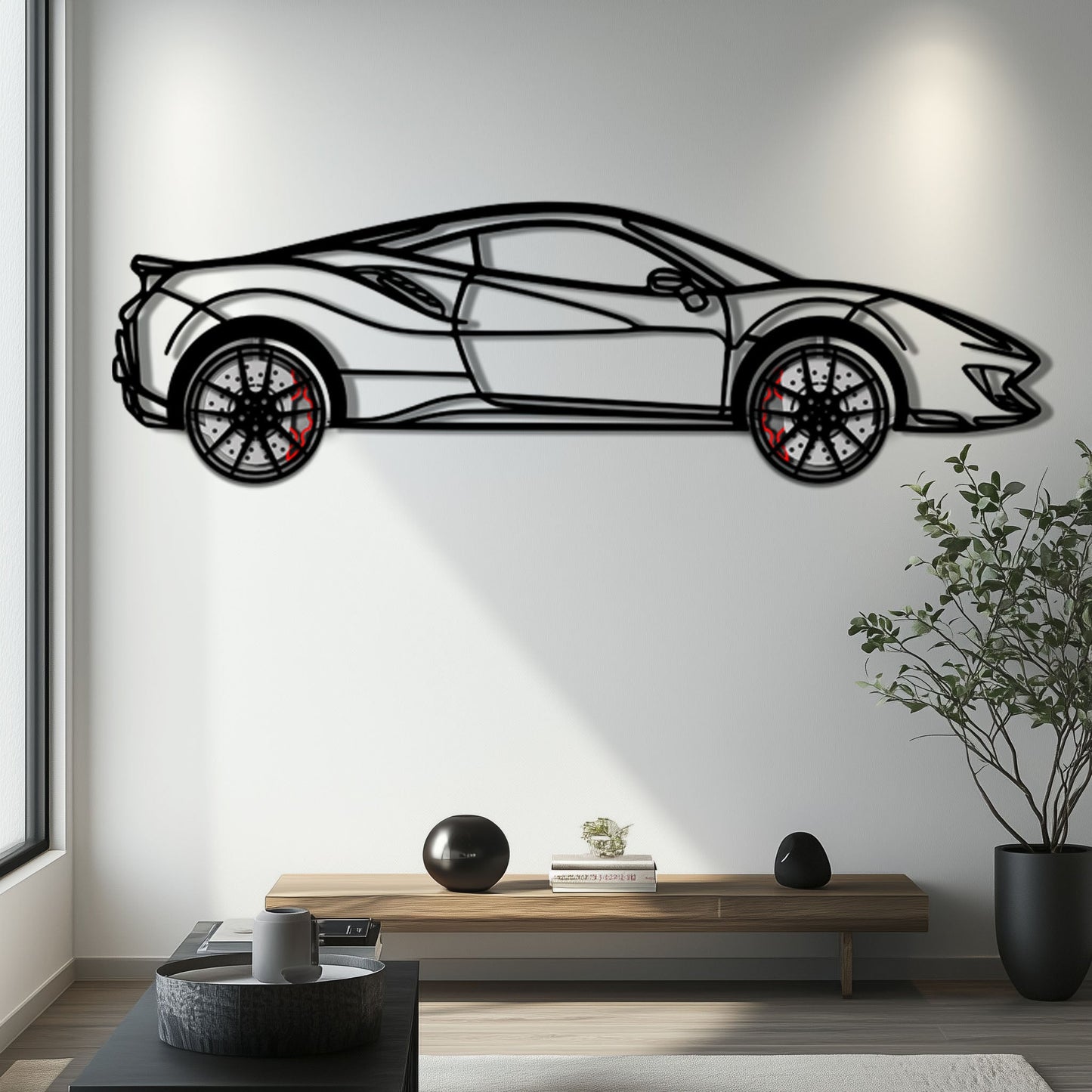 Ferrari 488 Pista Metal Car Wall Art with Rotating Wheels - Track-Focused Italian V8 Silhouette - Interactive Automotive Wall Decor - KAFMEKA128