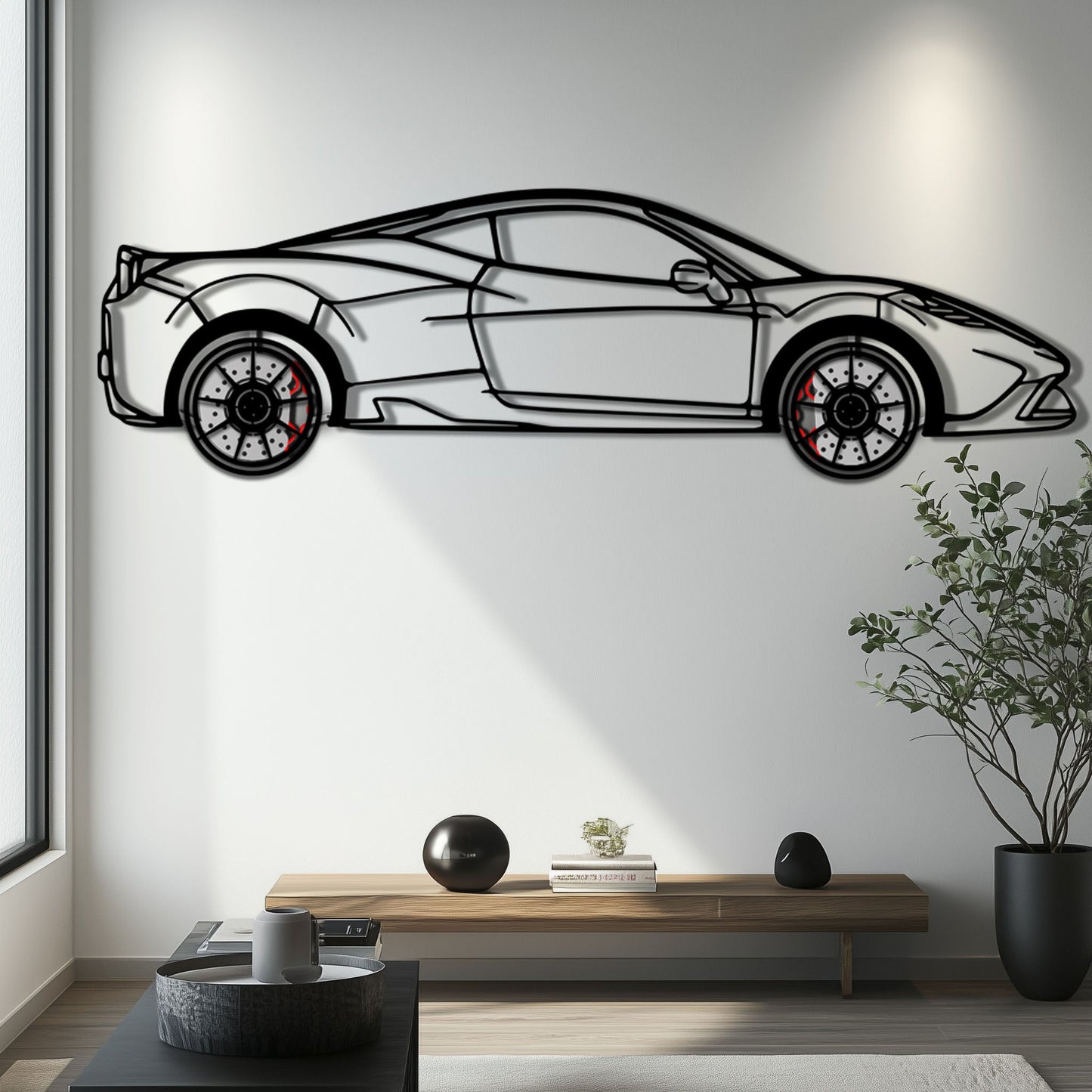 Ferrari 458 Speciale Metal Car Wall Art with Rotating Wheels - Track-Focused V8 Silhouette - Interactive Automotive Wall Decor - KAFMEKA125