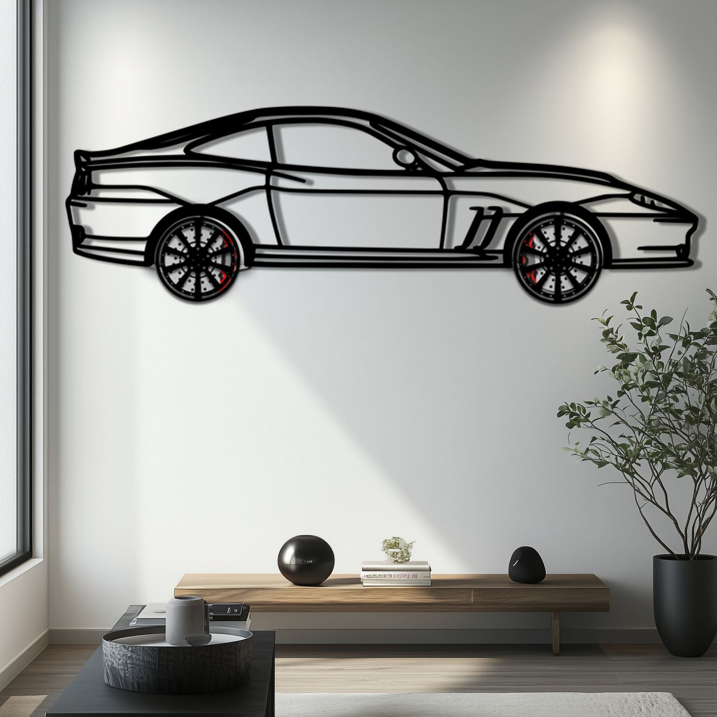 Ferrari 550 Maranello Metal Car Wall Art with Rotating Wheels - V12 Grand Tourer Silhouette - Interactive Automotive Wall Decor - KAFMEKA129