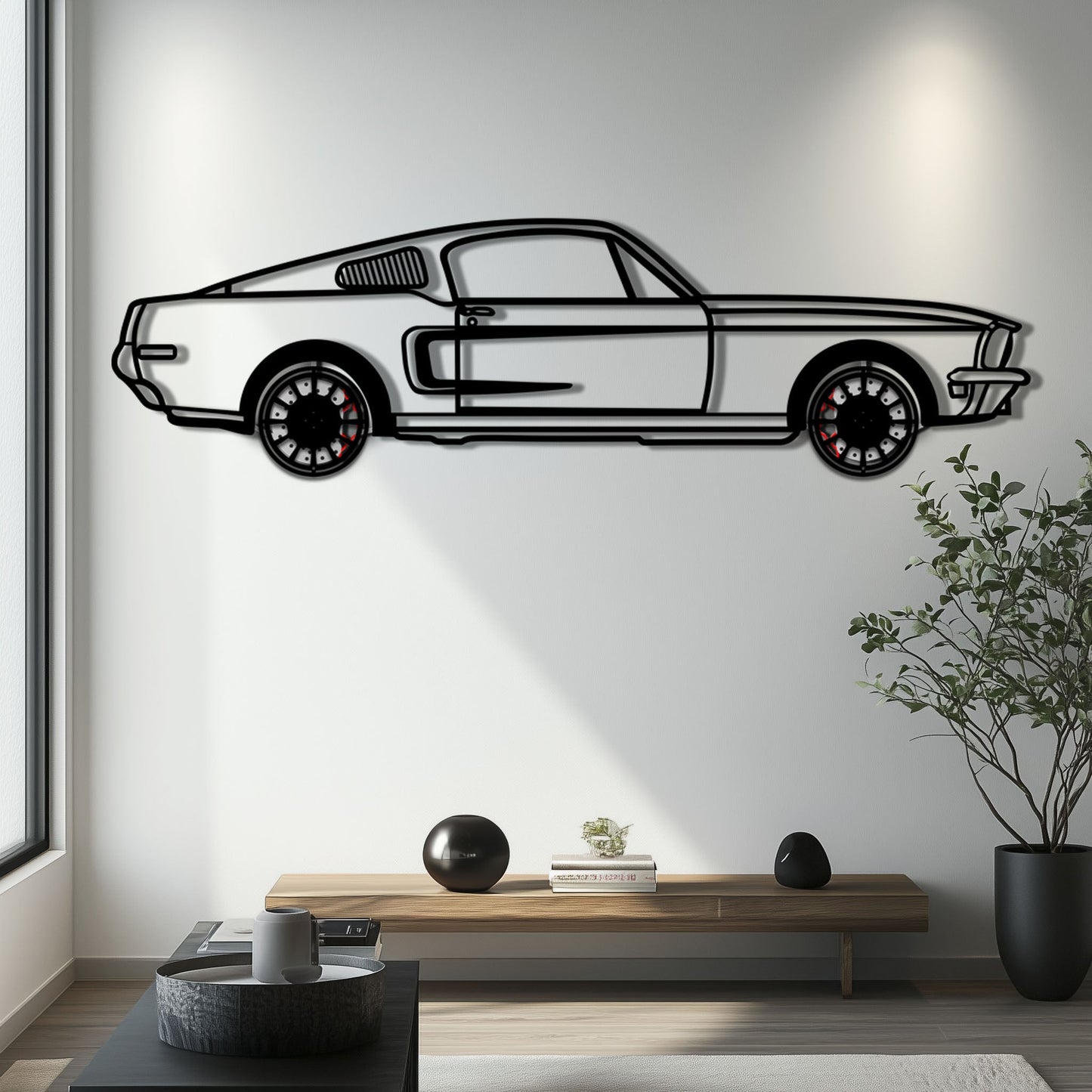 Ford Mustang GT Metal Car Wall Art with Rotating Wheels - Classic American Muscle Silhouette - Interactive Automotive Wall Decor - KAFMEKA137
