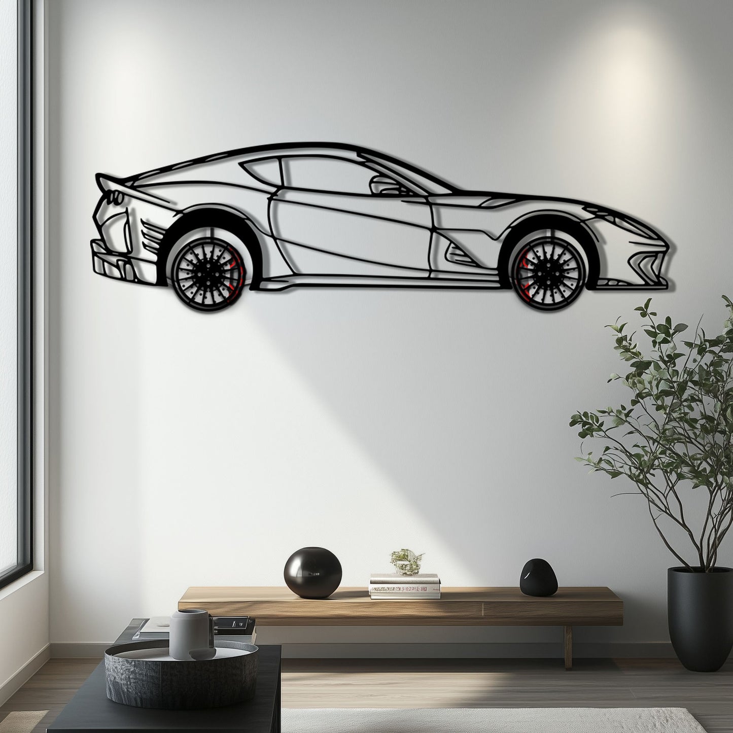 Ferrari 812 Superfast / F12 Metal Car Wall Art with Rotating Wheels - V12 Grand Tourer Silhouette - Interactive Automotive Wall Decor - KAFMEKA127