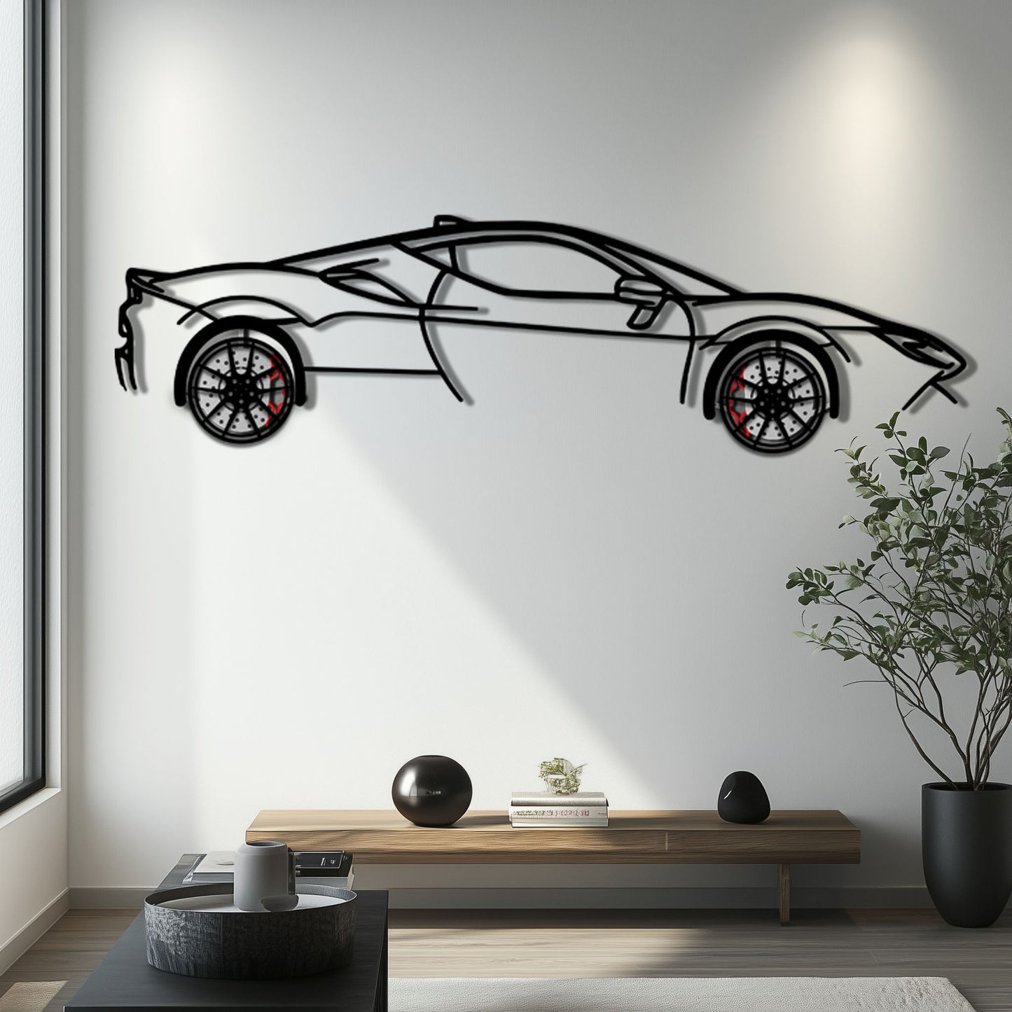 Ferrari SF90 Stradale Metal Car Wall Art with Rotating Wheels - Hybrid Hypercar Silhouette - Interactive Automotive Wall Decor - KAFMEKA135