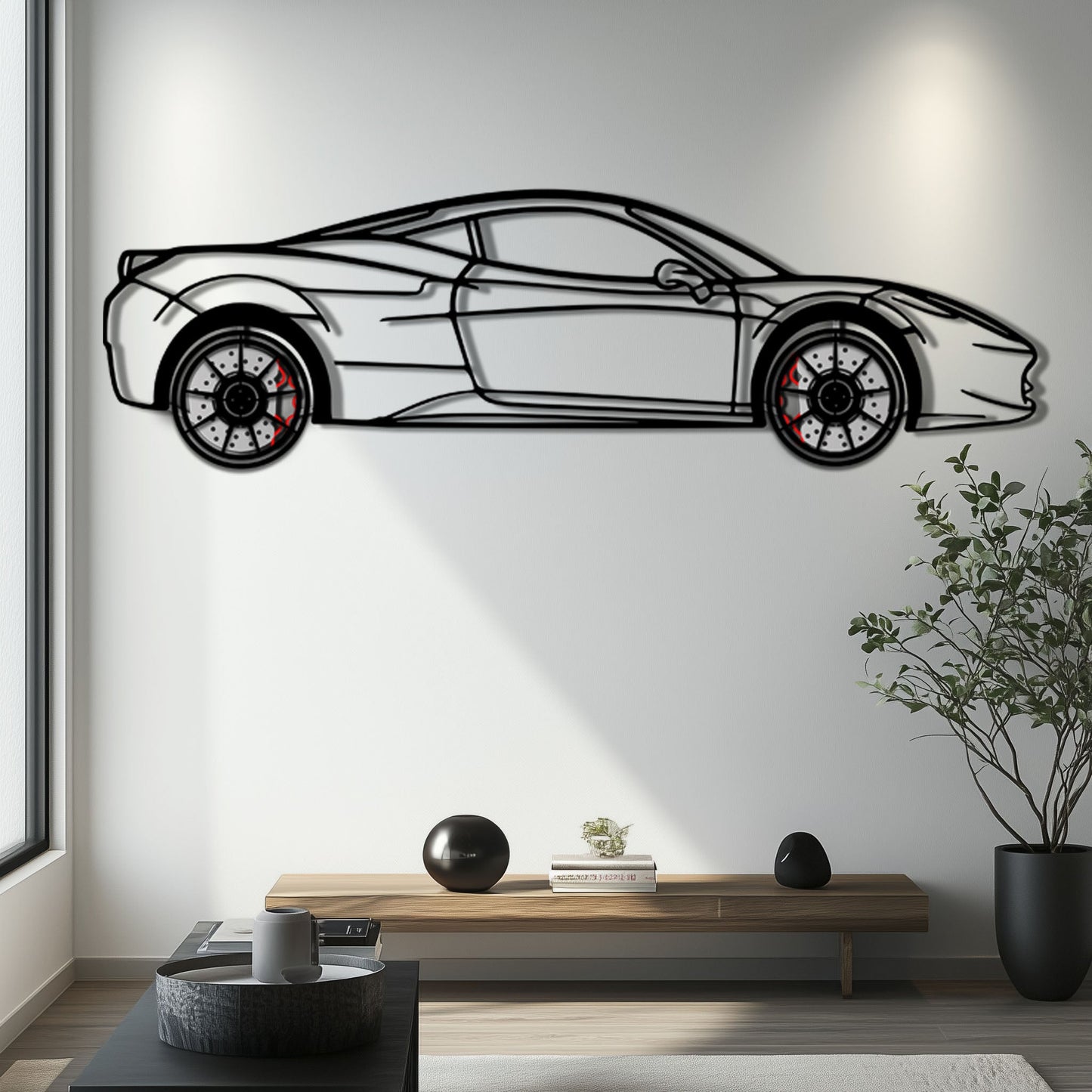 Ferrari 458 Italia Metal Car Wall Art with Rotating Wheels - V8 Supercar Silhouette Decor - Interactive Automotive Wall Art - KAFMEKA124
