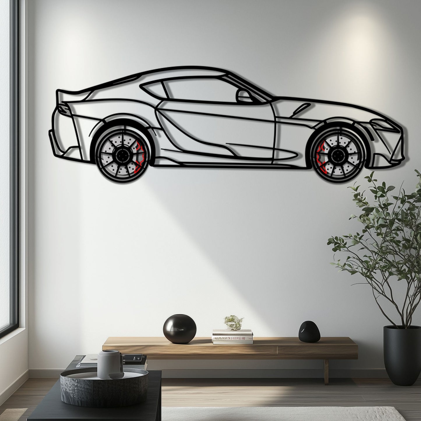 Toyota GR Supra (A90) Metal Car Wall Art with Rotating Wheels - Modern JDM Legend Silhouette - Interactive Automotive Wall Decor - KAFMEKA156
