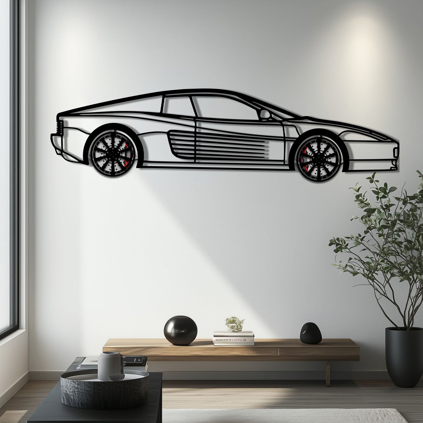 Ferrari Testarossa Metal Car Wall Art with Rotating Wheels - Iconic 80s Supercar Silhouette - Interactive Retro Automotive Decor - KAFMEKA136