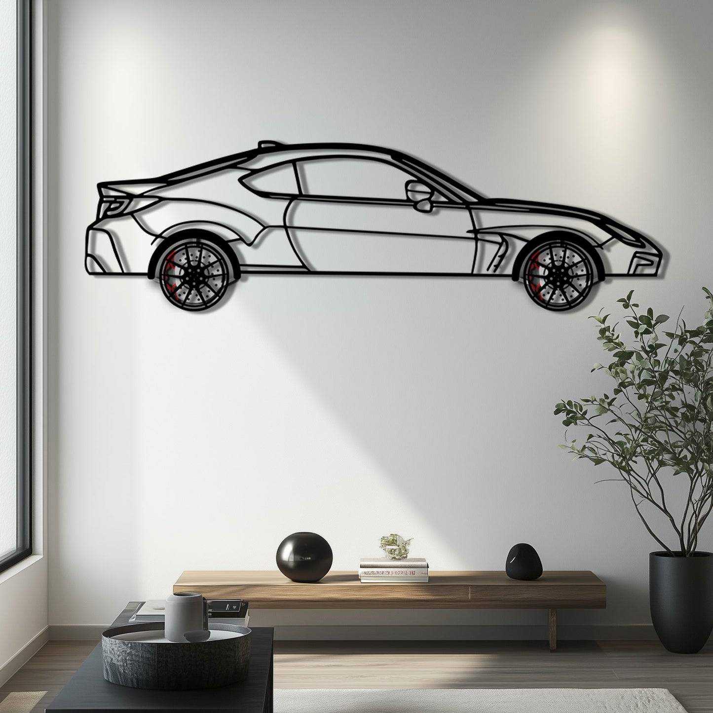 Toyota GR86 Metal Car Wall Art with Rotating Wheels - Modern JDM Sports Coupe Silhouette - Interactive Automotive Wall Decor - KAFMEKA157
