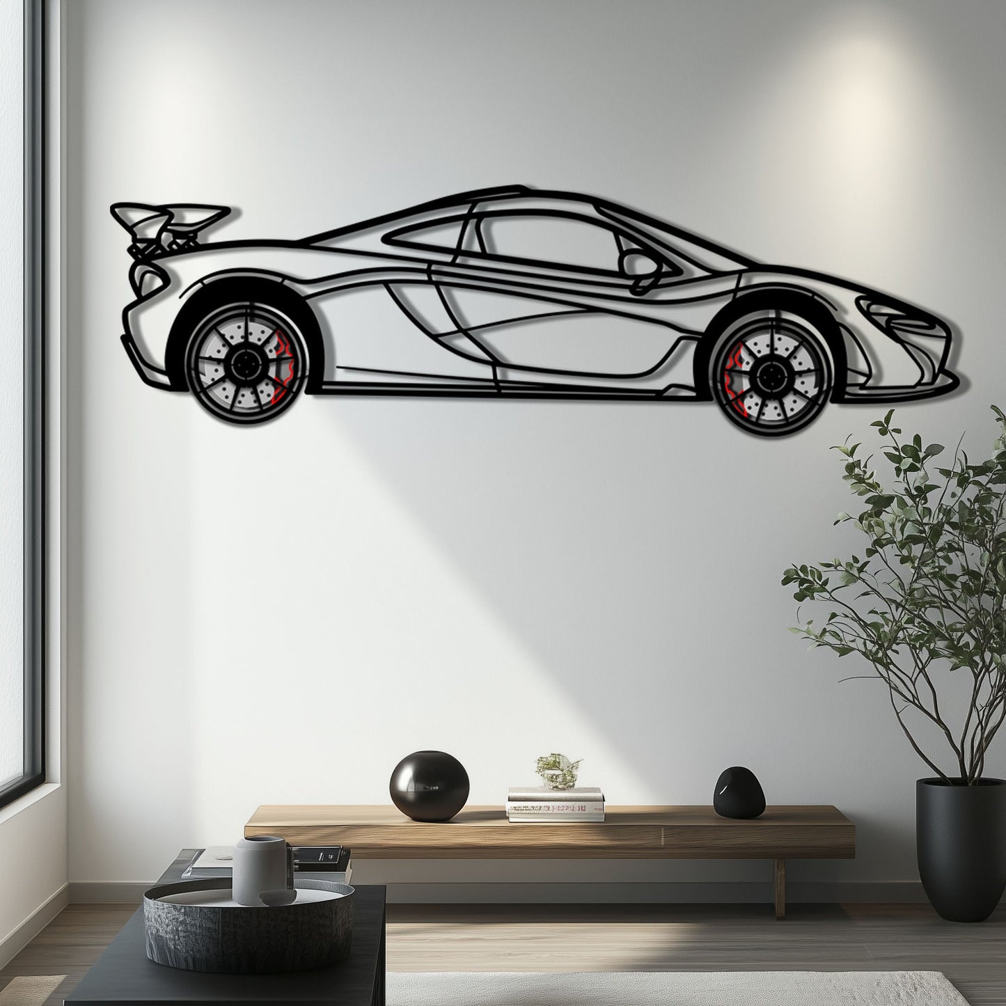 McLaren P1 Metal Car Wall Art with Rotating Wheels - Ultimate Hybrid Hypercar Silhouette - Interactive Automotive Wall Decor - KAFMEKA150