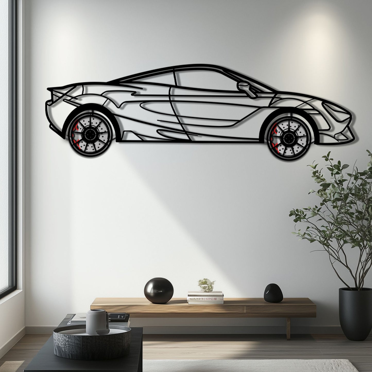 McLaren 720S Metal Car Wall Art with Rotating Wheels - British Supercar Silhouette - Interactive Automotive Wall Decor - KAFMEKA149