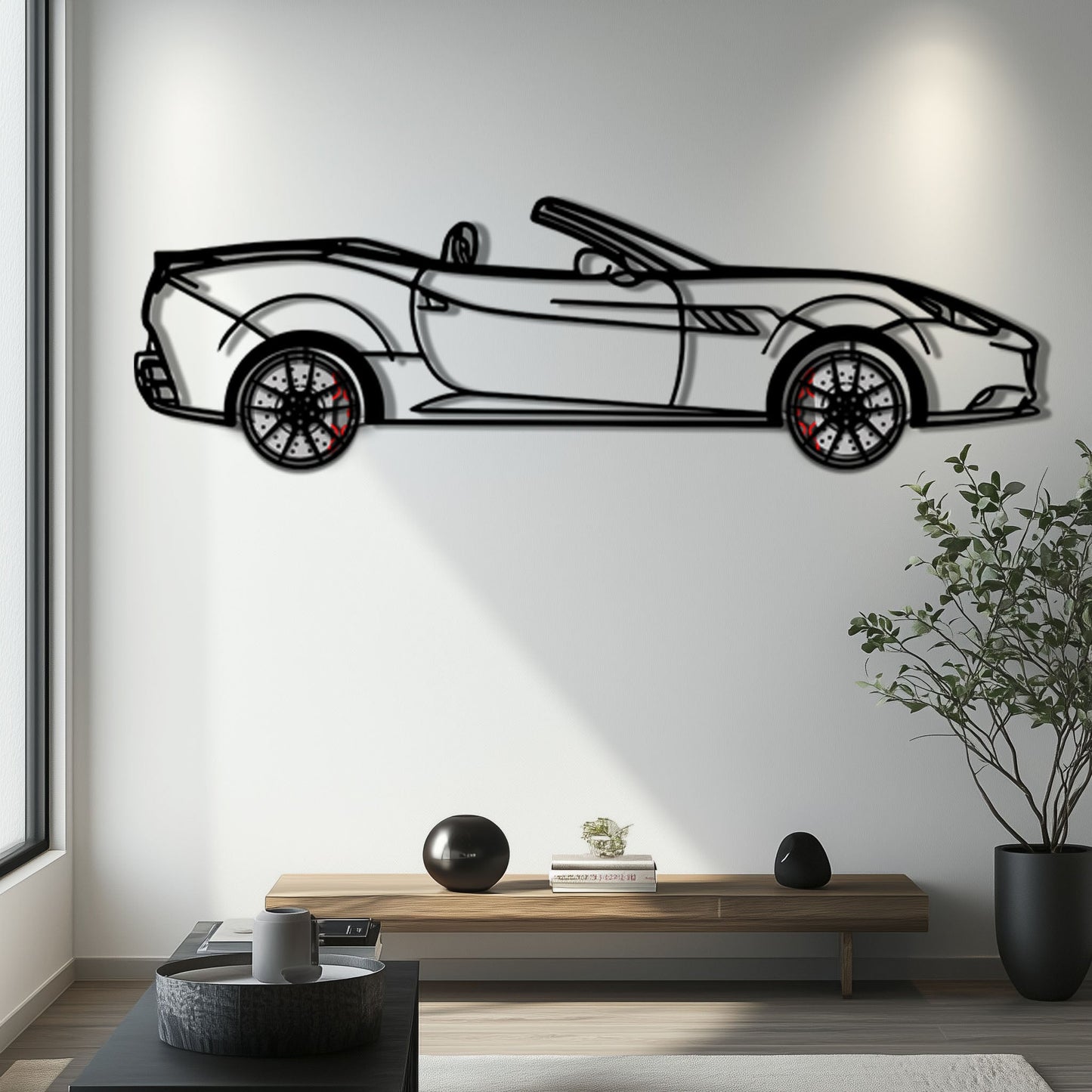 Ferrari California Metal Car Wall Art with Rotating Wheels - Italian V8 Grand Tourer Silhouette - Interactive Automotive Wall Decor - KAFMEKA130
