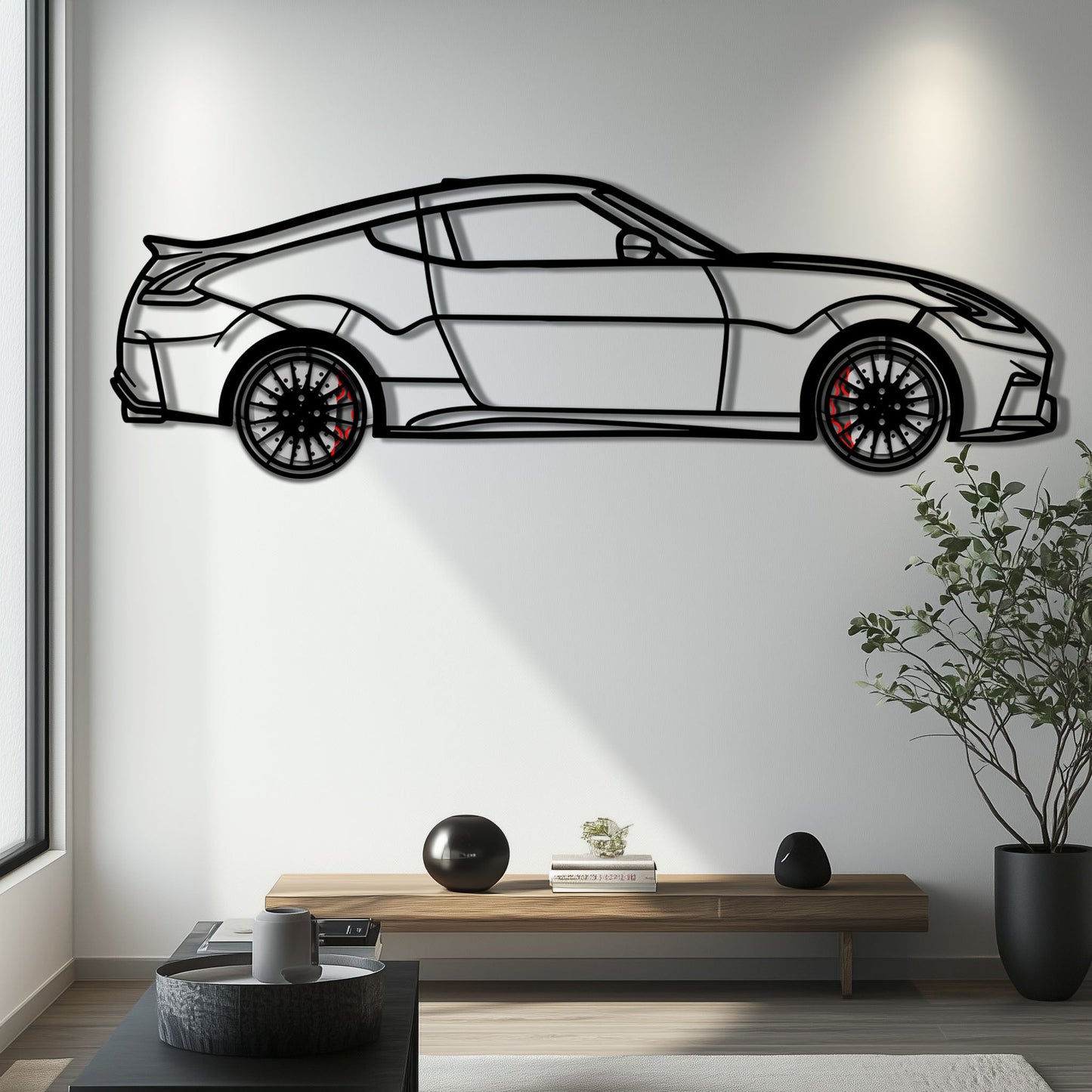 Nissan 350Z Metal Car Wall Art with Rotating Wheels - JDM Fairlady Z33 Silhouette - Interactive Automotive Wall Decor - KAFMEKA153
