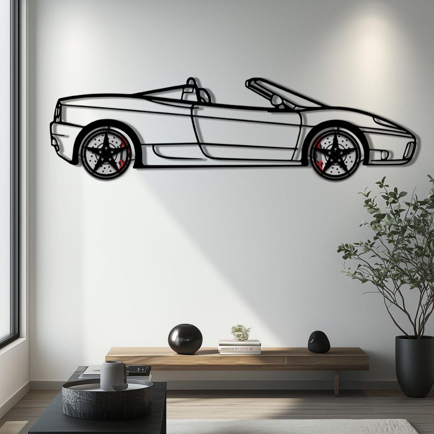 Ferrari 360 Spider Metal Car Wall Art with Rotating Wheels - Italian Convertible Supercar Silhouette - Interactive Automotive Wall Decor - KAFMEKA123